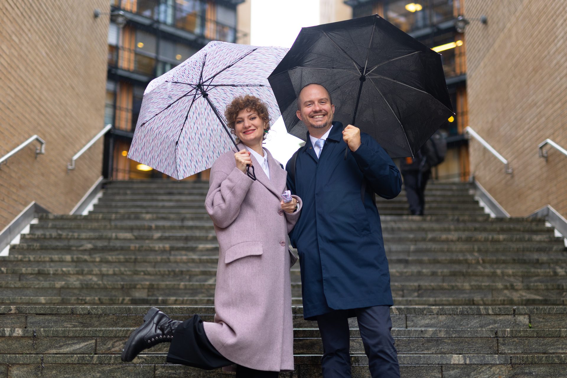 Outerwear, Smile, Happiness, Coat, Umbrella, Overcoat, Blazer