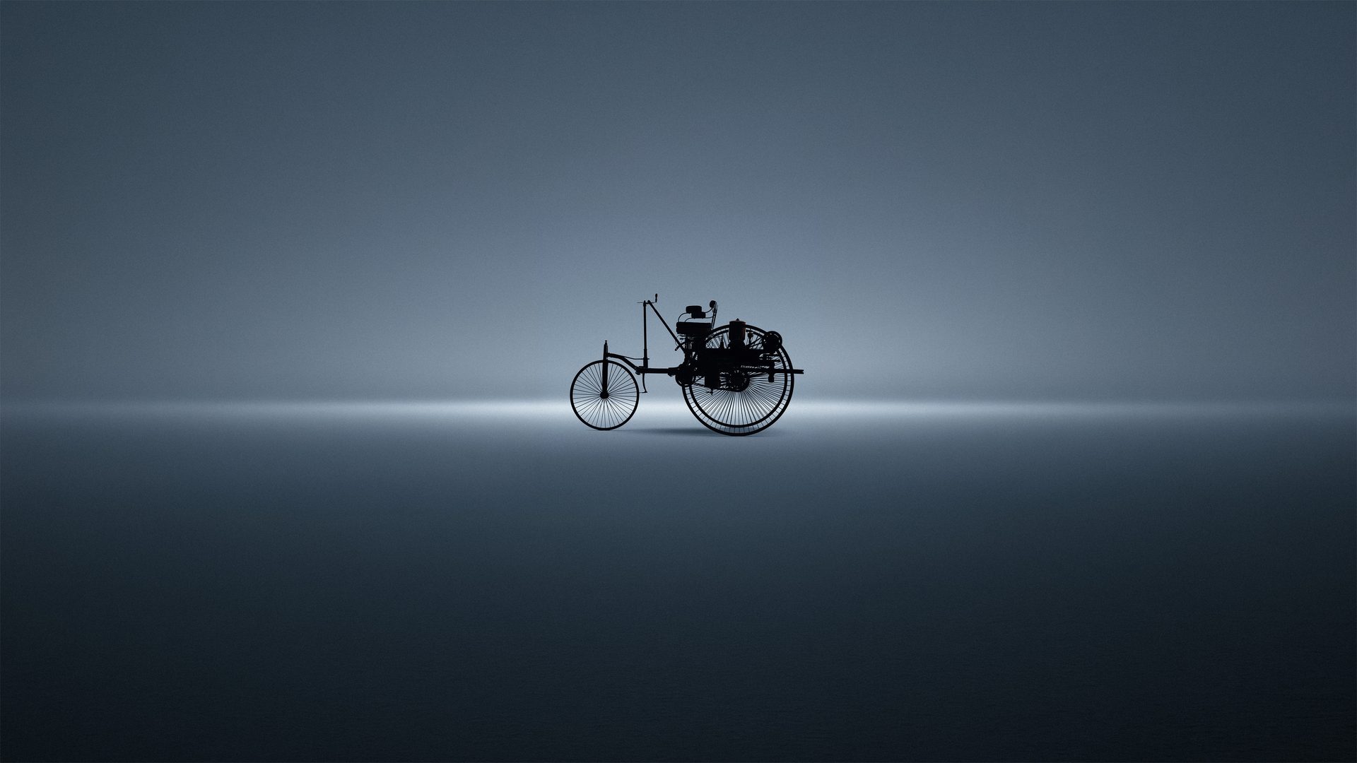 Silhouette of a historic three-wheeled automobile (Benz Patent-Motorwagen) against a minimalist gradient background.