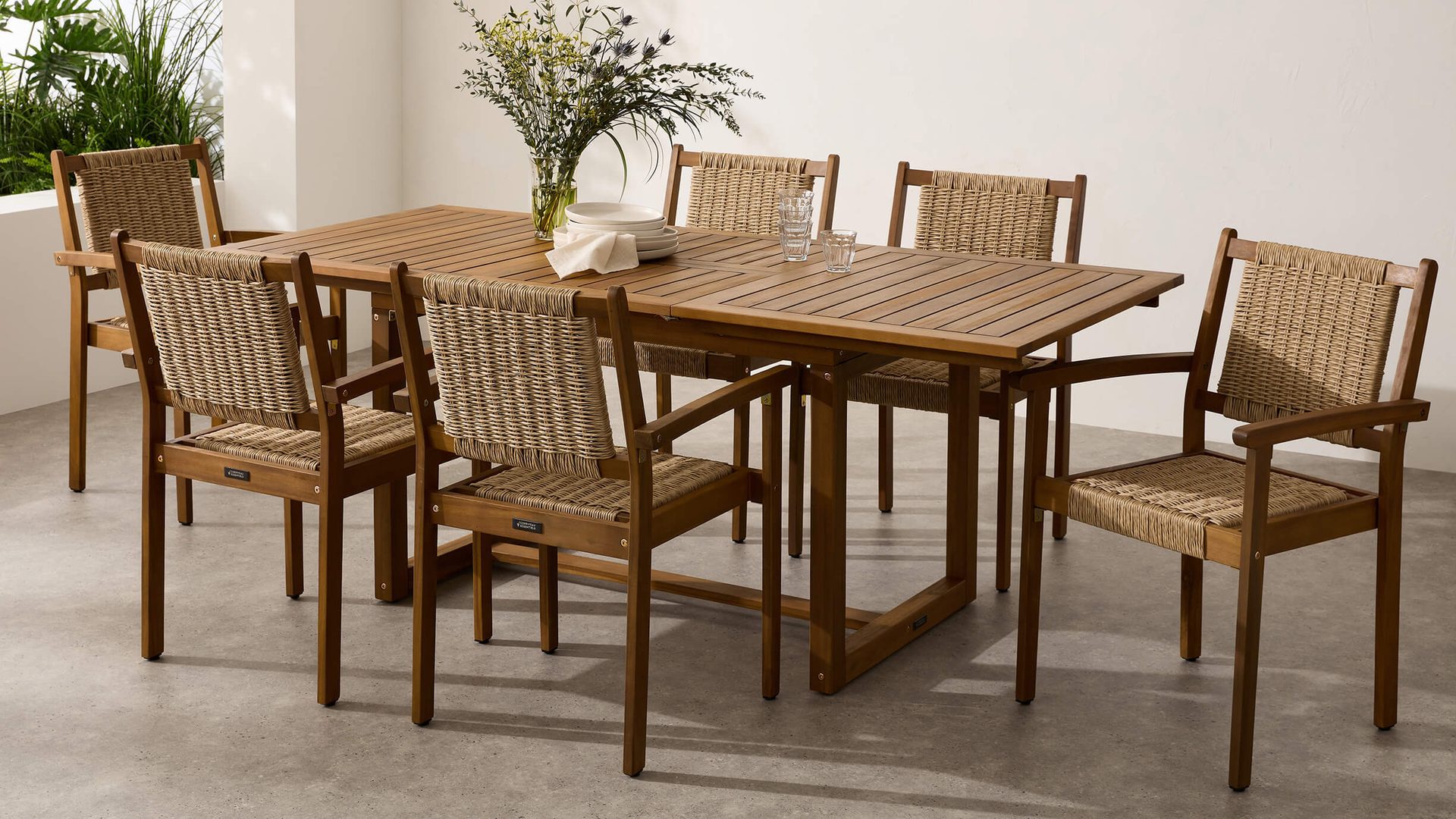 Outdoor furniture, Plant, Table, Chair, Rectangle, Wood, Flower, Flooring, Floor