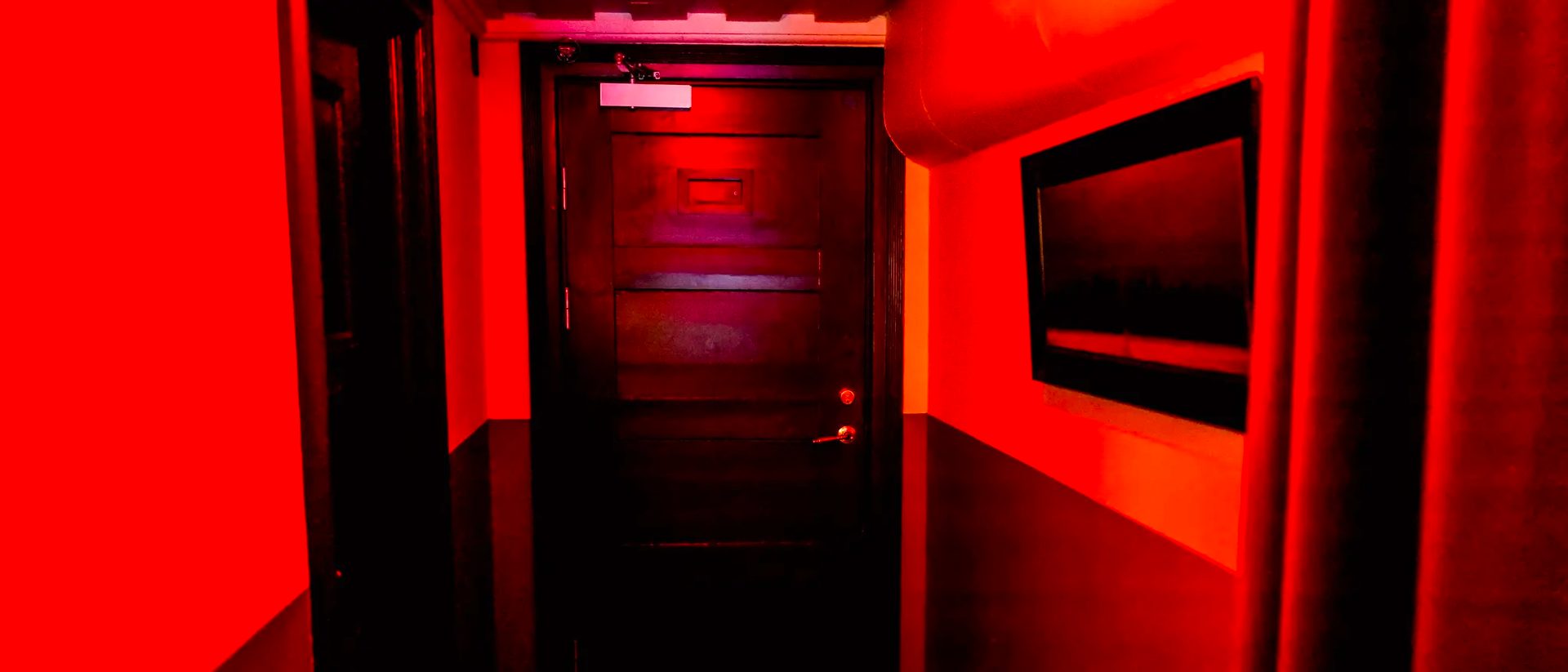 Red-lit hallway with a dark closed door at the end and a framed display on the right wall.