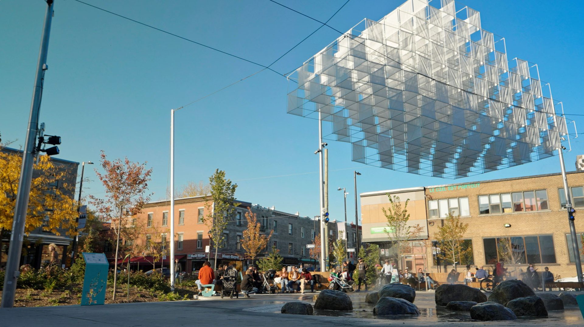 Street light, Urban design, Sky, Daytime, Building, Plant, Lighting, Architecture, Tree, Electricity