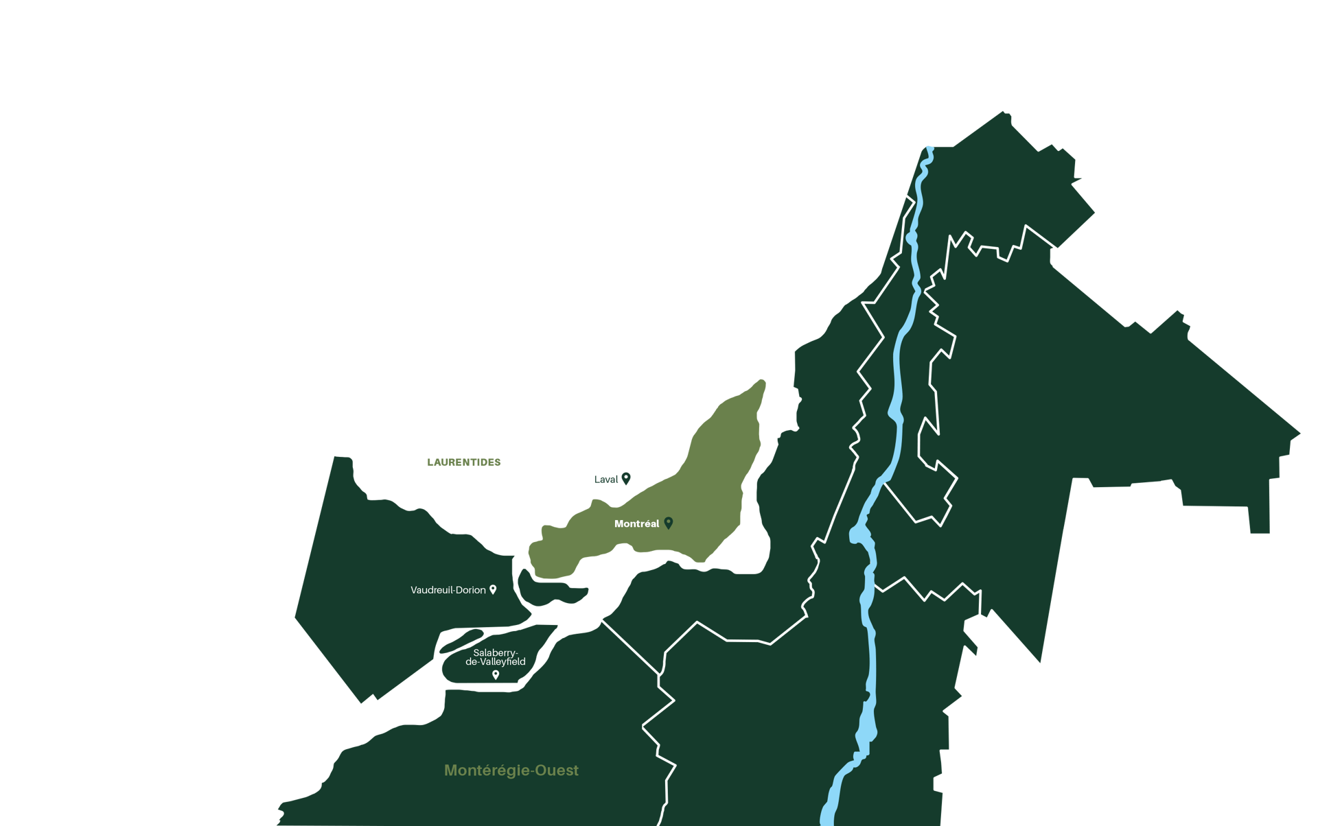 Map showing regions around Montreal, including Laval, Laurentides, and Montérégie-Ouest.