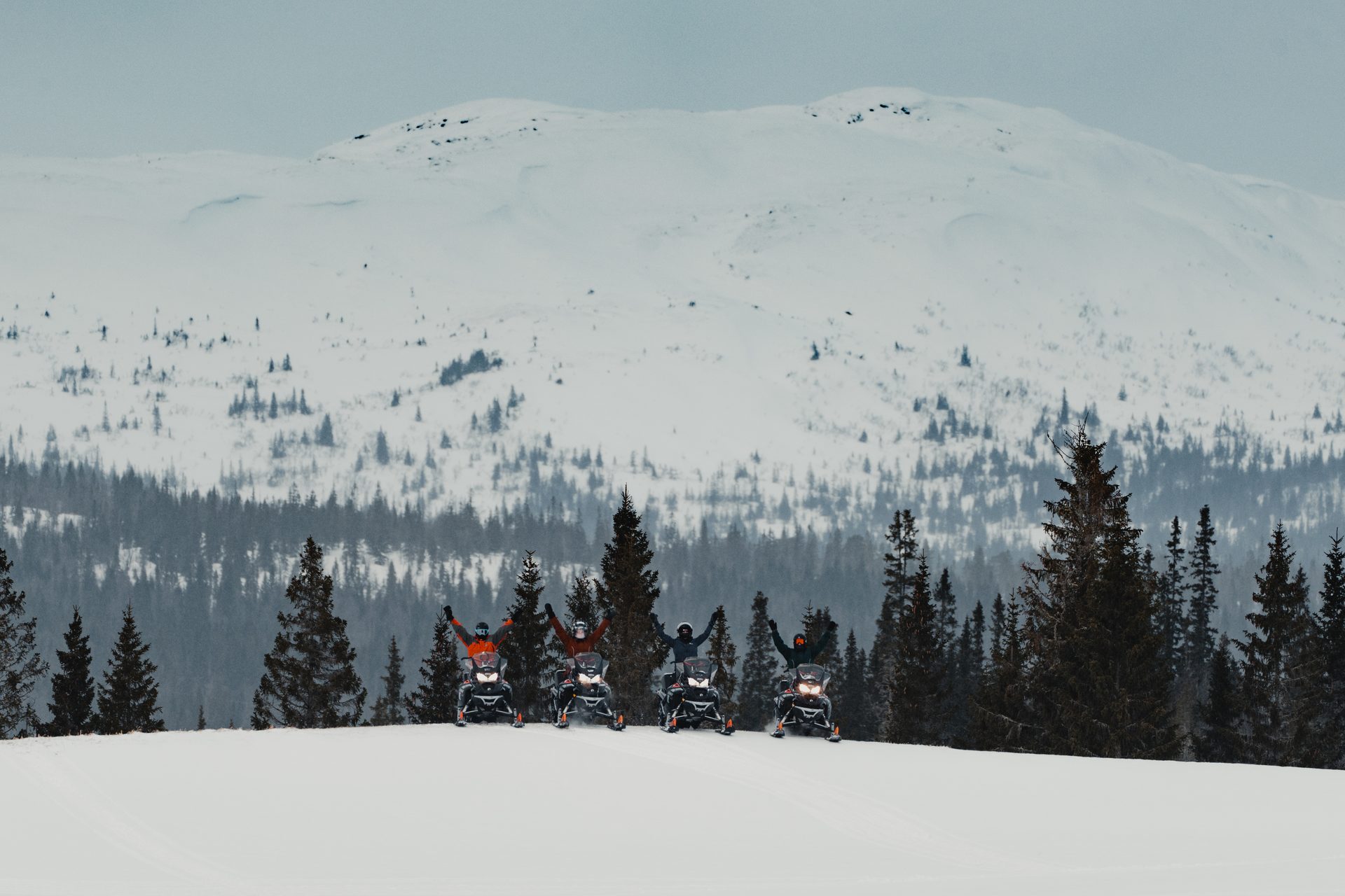 Four snowmobilers pose with arms up in a snowy mountain landscape.