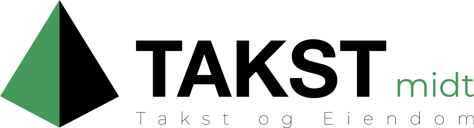 Logo for TAKST midt. Features a green and black geometric triangle. Below: 'Takst og Eiendom'.
