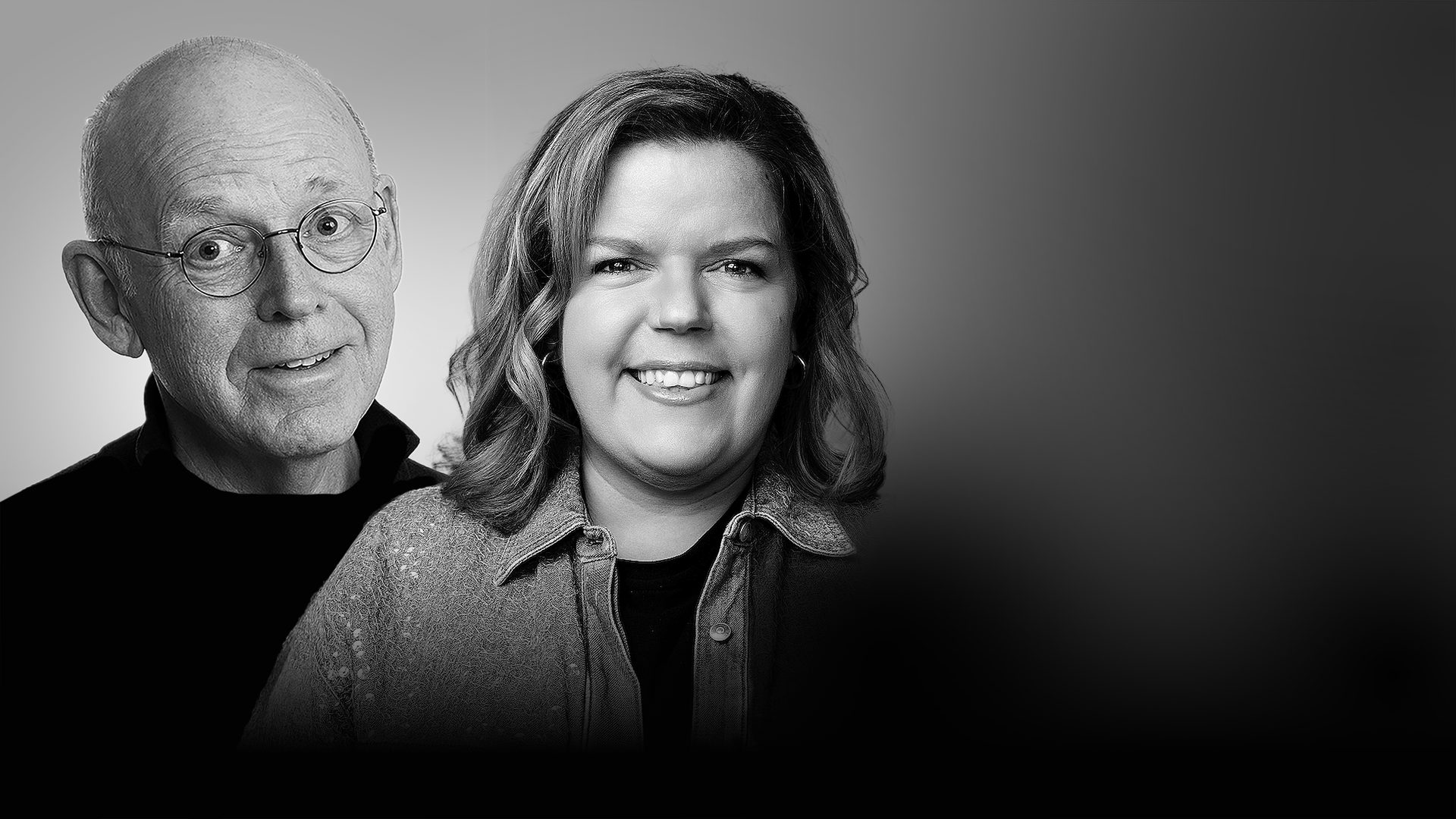 Black and white portrait of a smiling man with glasses and a smiling woman.