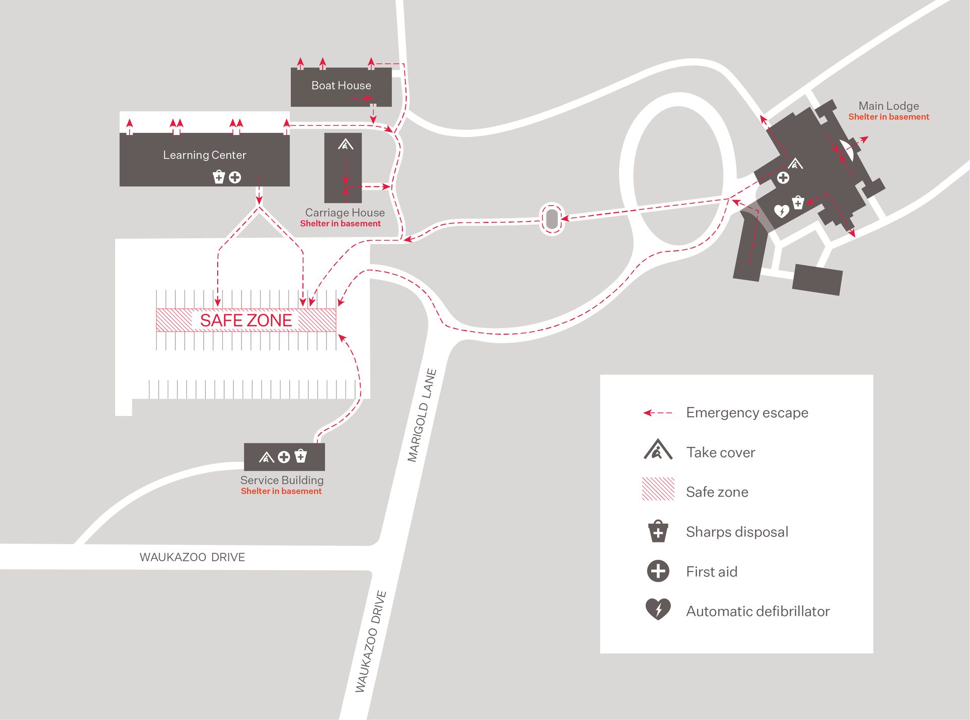 Map showing emergency escape routes and safe zones including the Main Lodge, Learning Center, Carriage House, and Service Building. Icons on the map show take cover areas, sharps disposal, first aid, and defibrillators. Red paths indicate safe routes.