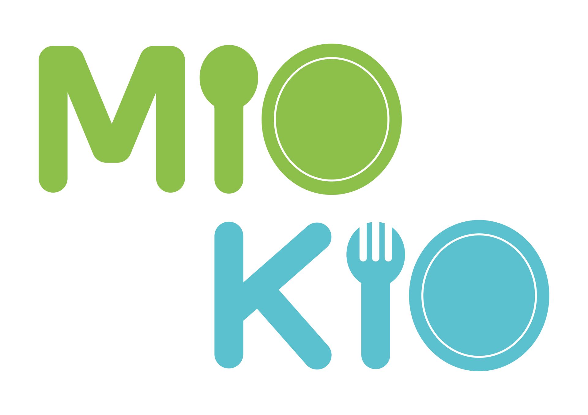 MIOKIO brand logo with stylized letters, spoon, fork, and plates in green and blue.