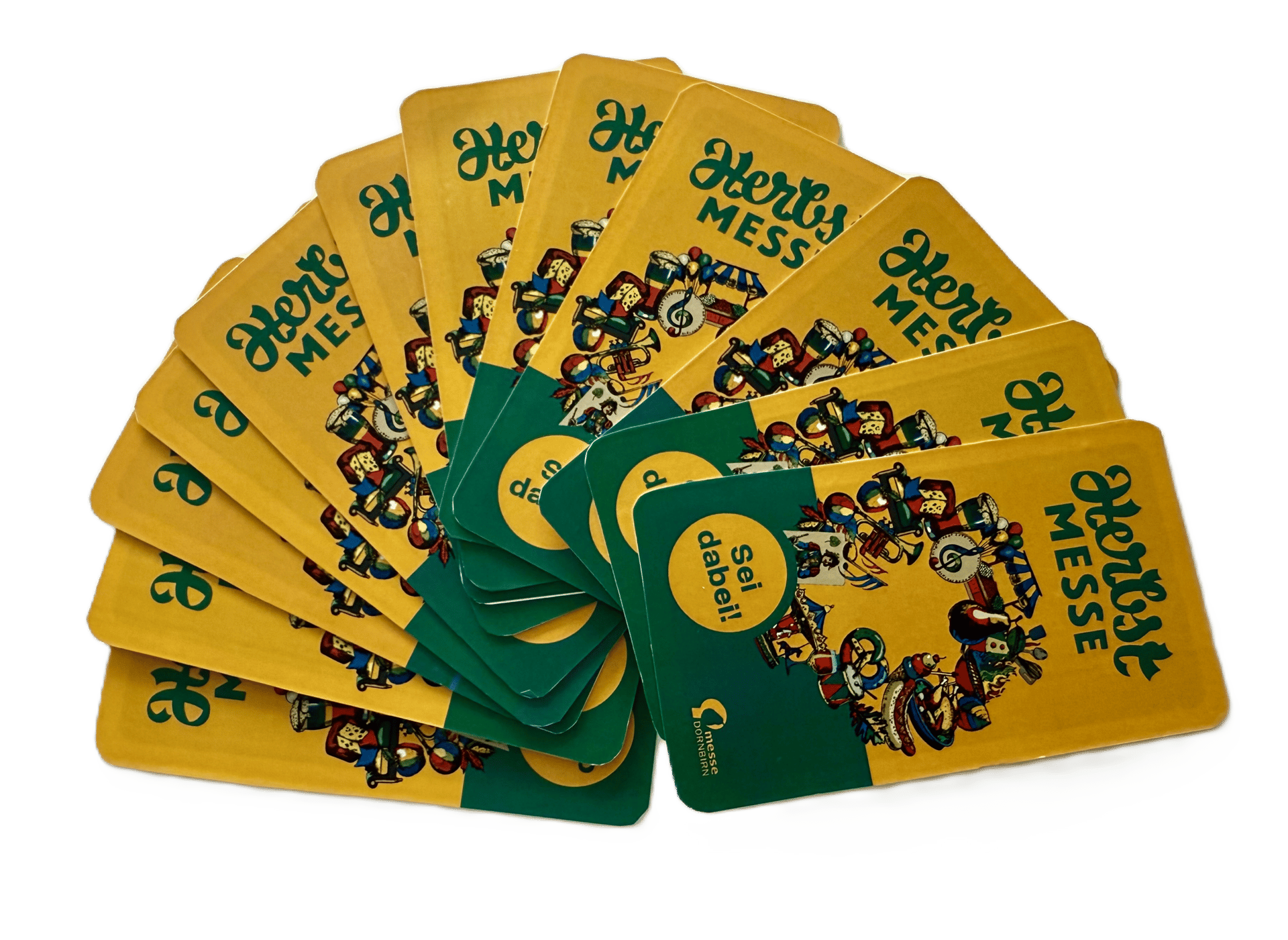 Fan of yellow and green "Herbst MESSE" promotional cards with fair-themed illustrations.