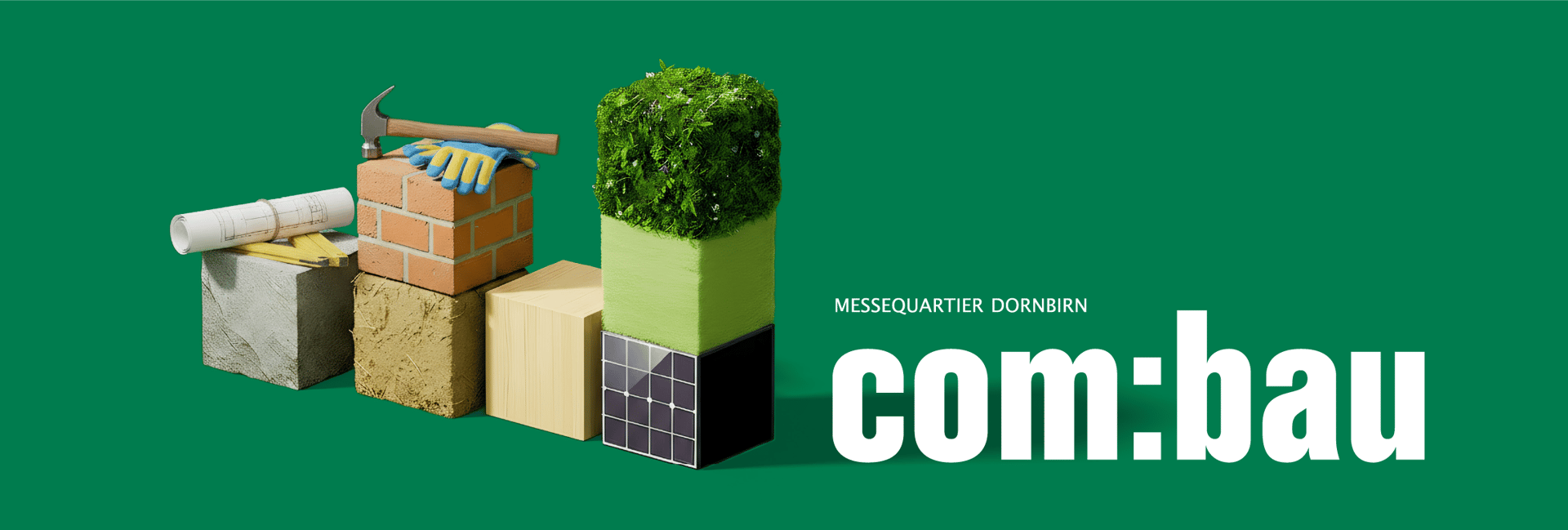 Building materials like brick, wood, solar, and plants forming a bar graph with the 'com:bau' logo.