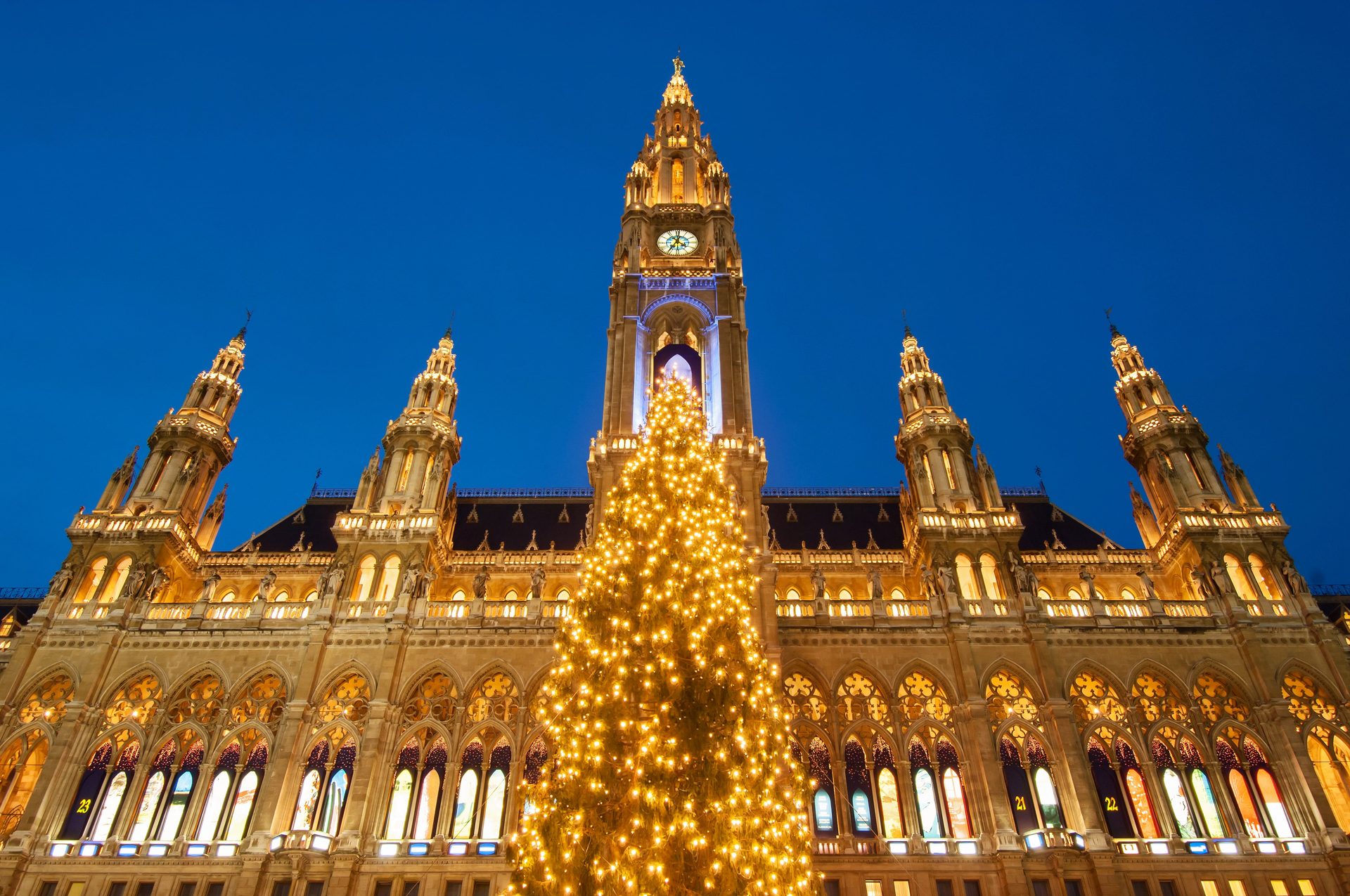 Christmas tree, Sky, Building, Lighting, Architecture, Clock, City