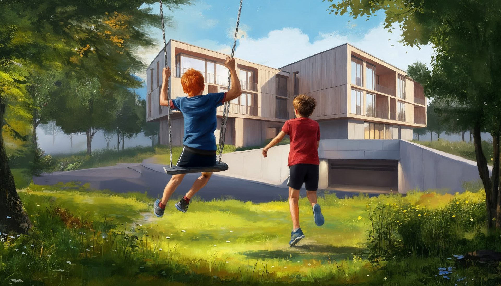 Two boys, one swinging and one running, in a lush yard with a modern house and trees.