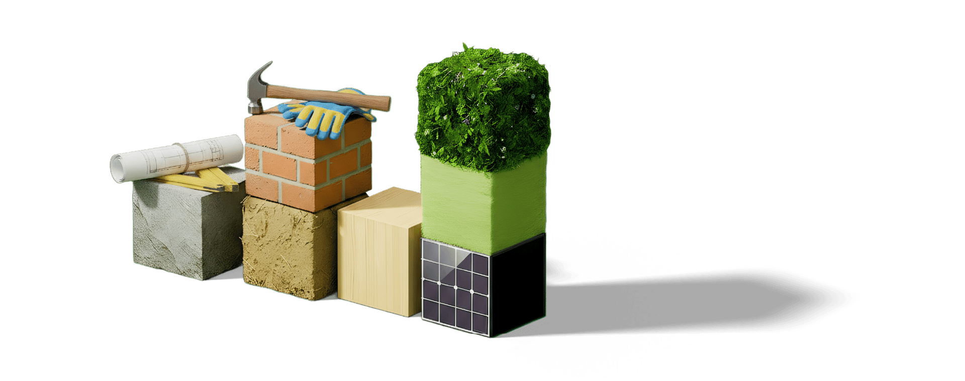 Conceptual image of building materials, including sustainable options like solar panels and green roofs.