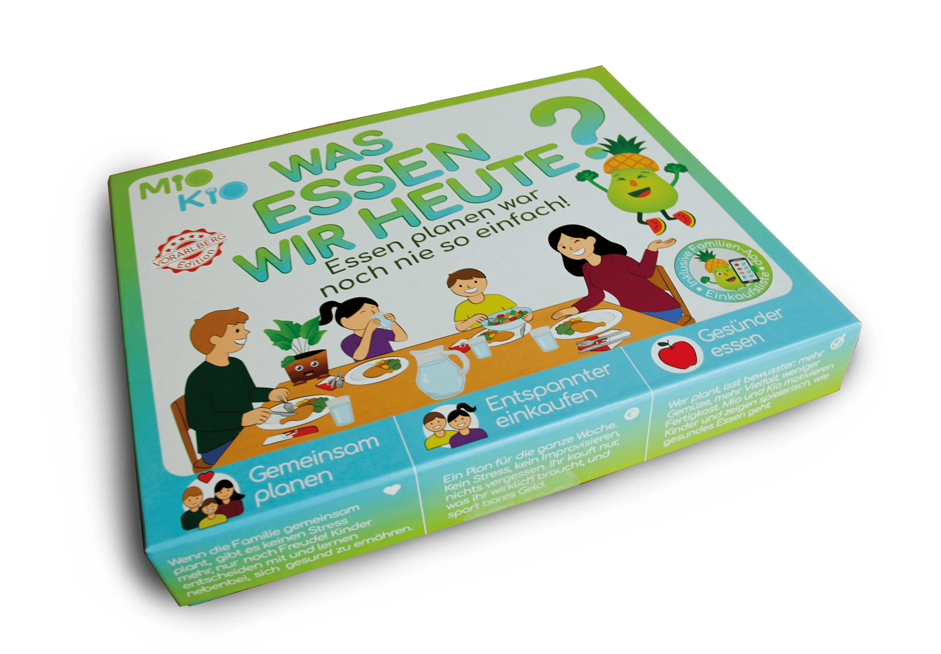 Box for the "Mio Kio Was Essen Wir Heute?" game/app, showing a family eating and highlighting healthy benefits.