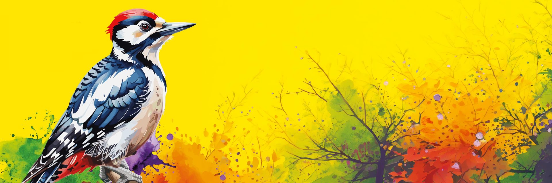 Stylized woodpecker with red, black, and white plumage against a vibrant yellow background with abstract foliage.