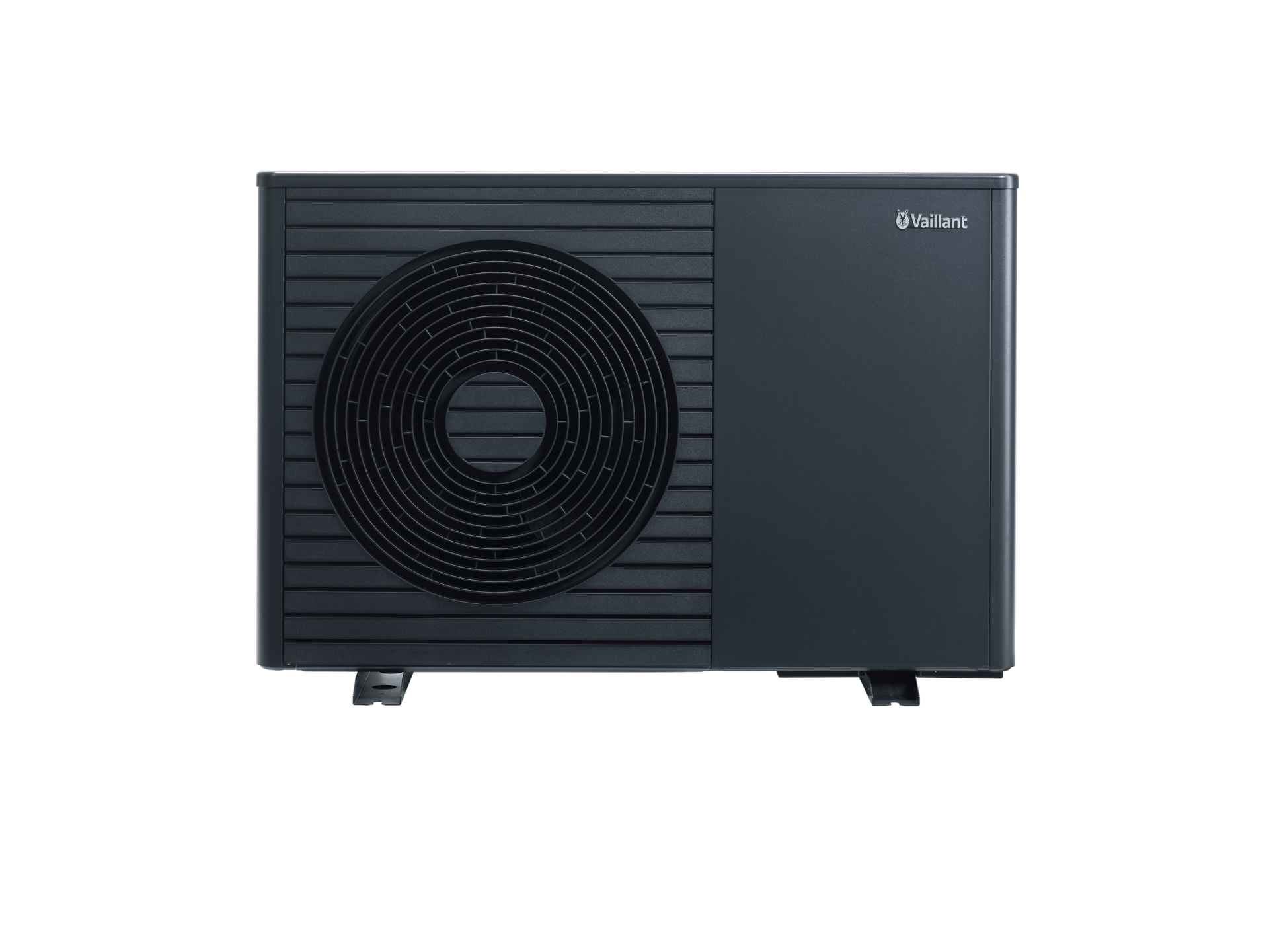 Dark gray Vaillant heat pump outdoor unit with a circular fan grill.