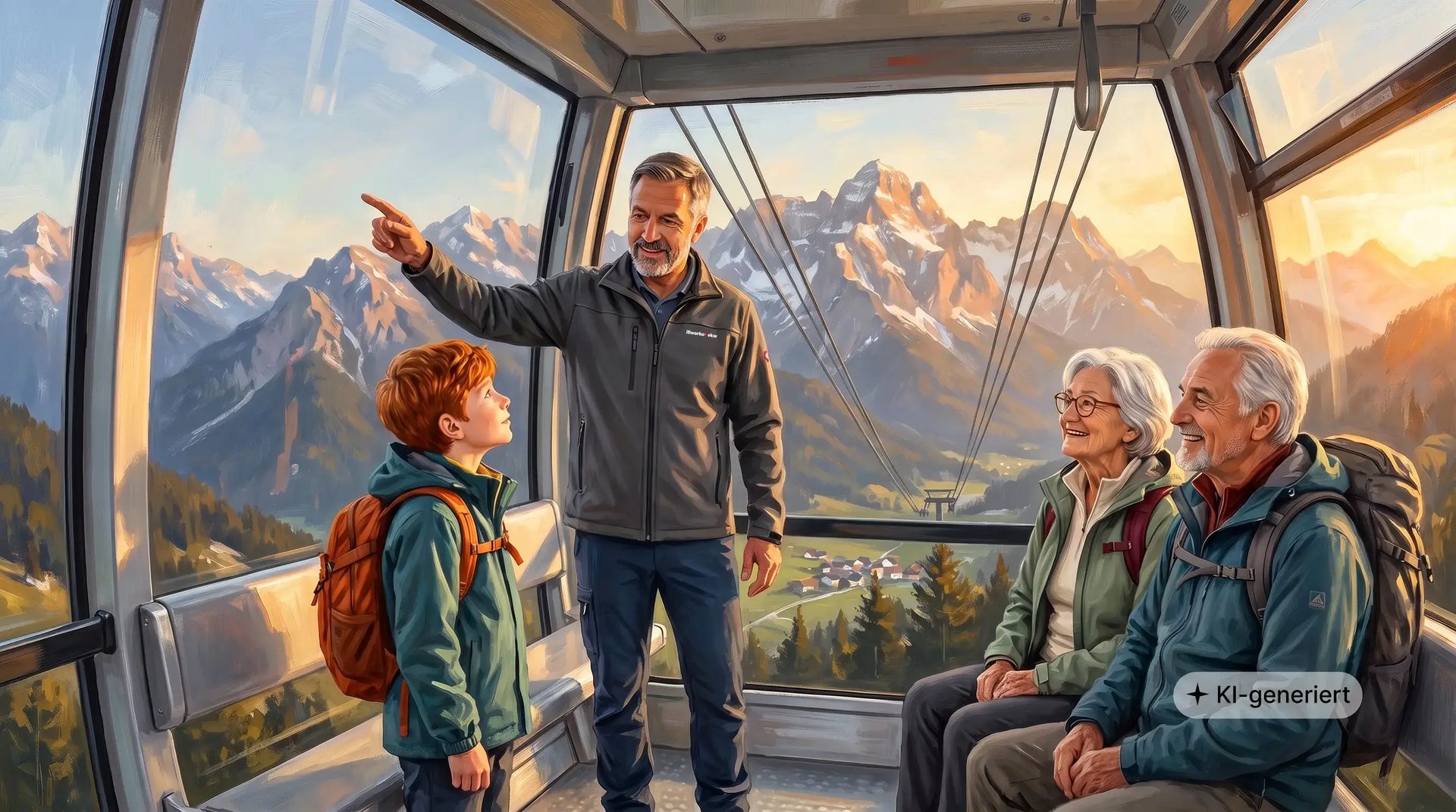 Family in a cable car, with a man pointing at the mountains to a boy, and an elderly couple smiling.