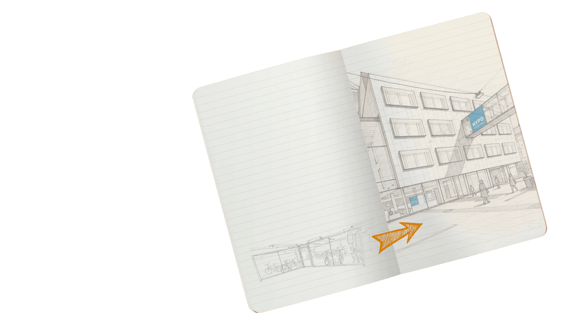 Open notebook with a sketch of a modern building, an orange arrow, and "HYPO" branding.