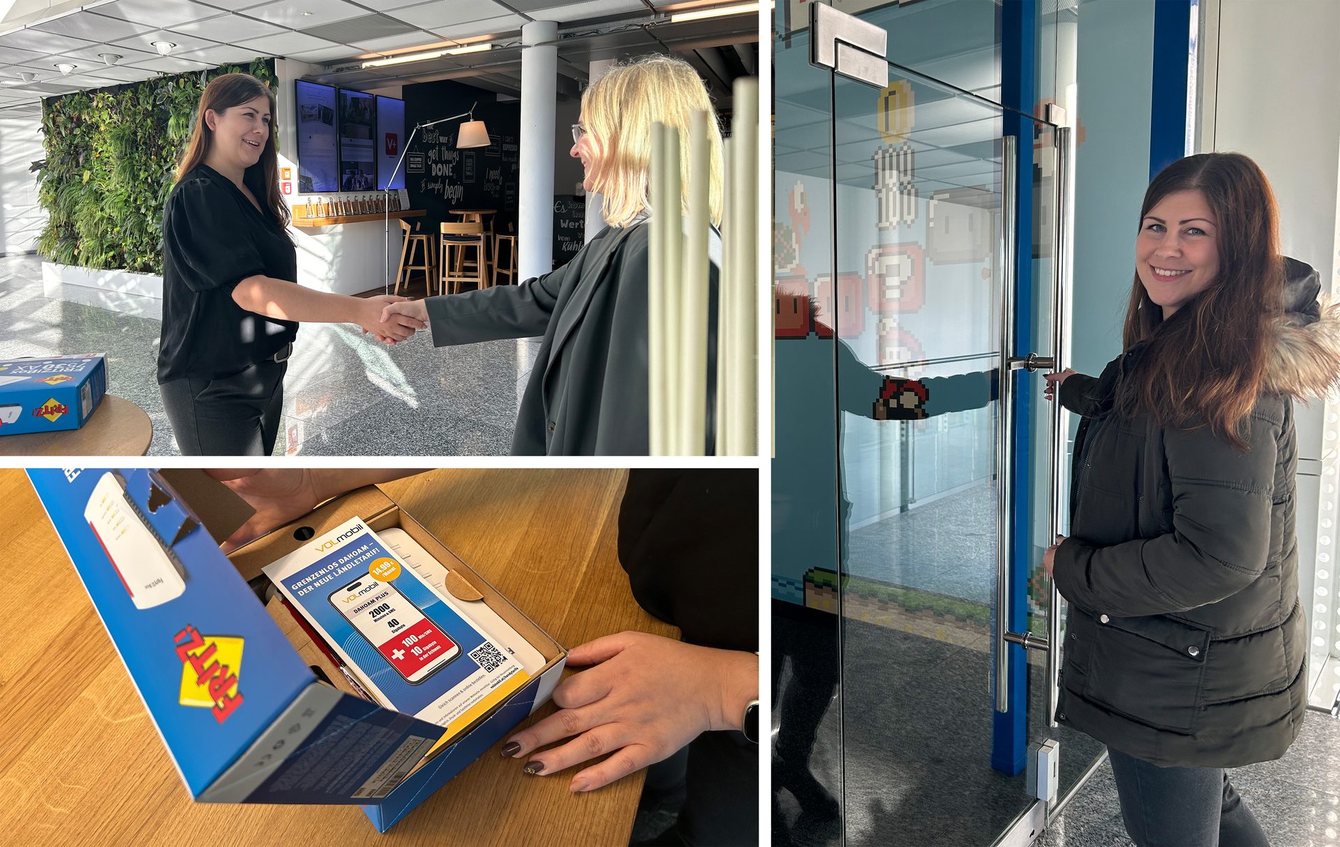 Three scenes: Women shaking hands, one opening a pixel-art door, and unboxing a VOLmobil router.