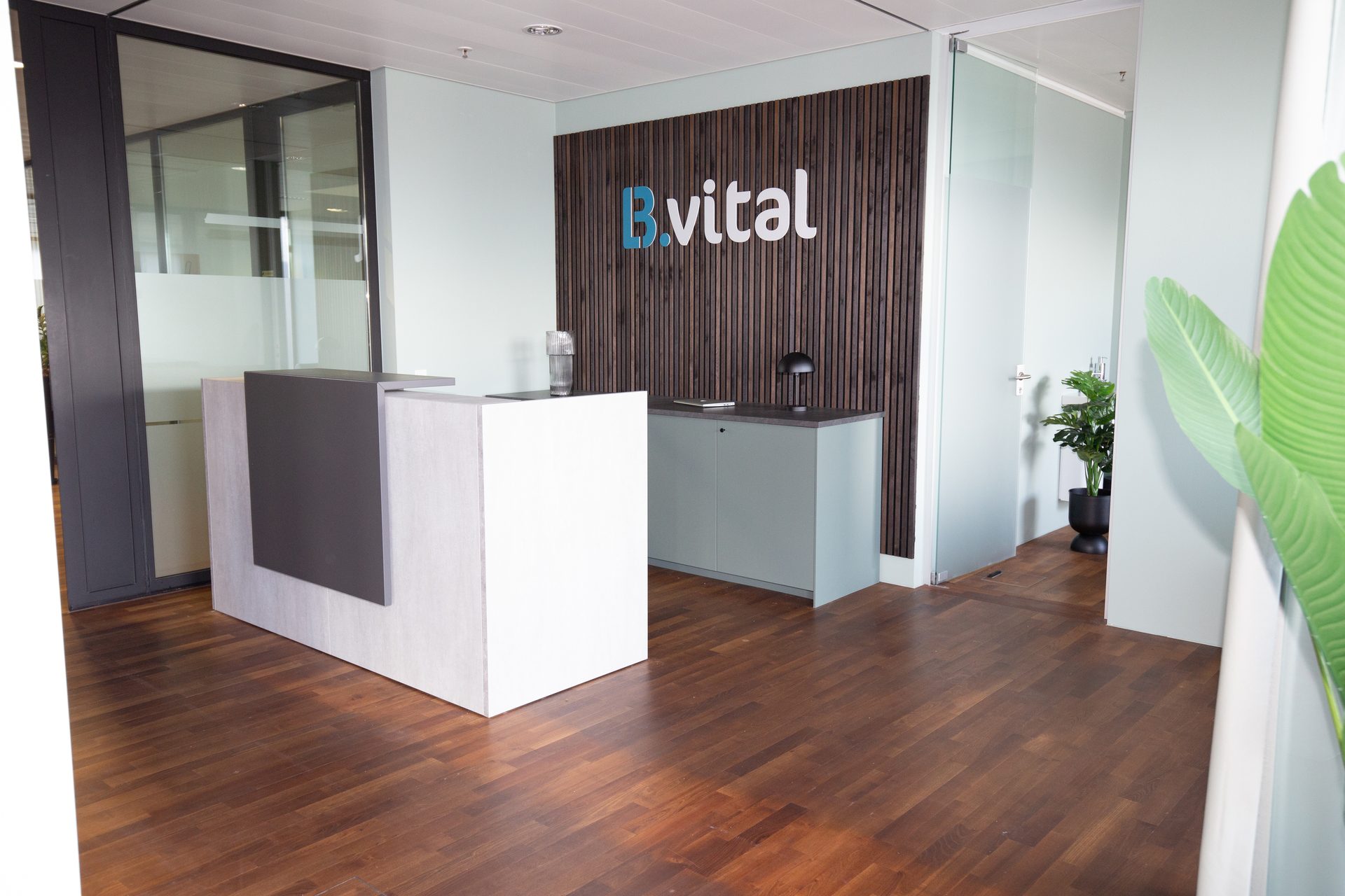 A modern office reception with a white desk, B.vital logo on a wood-paneled wall, and wooden floor.