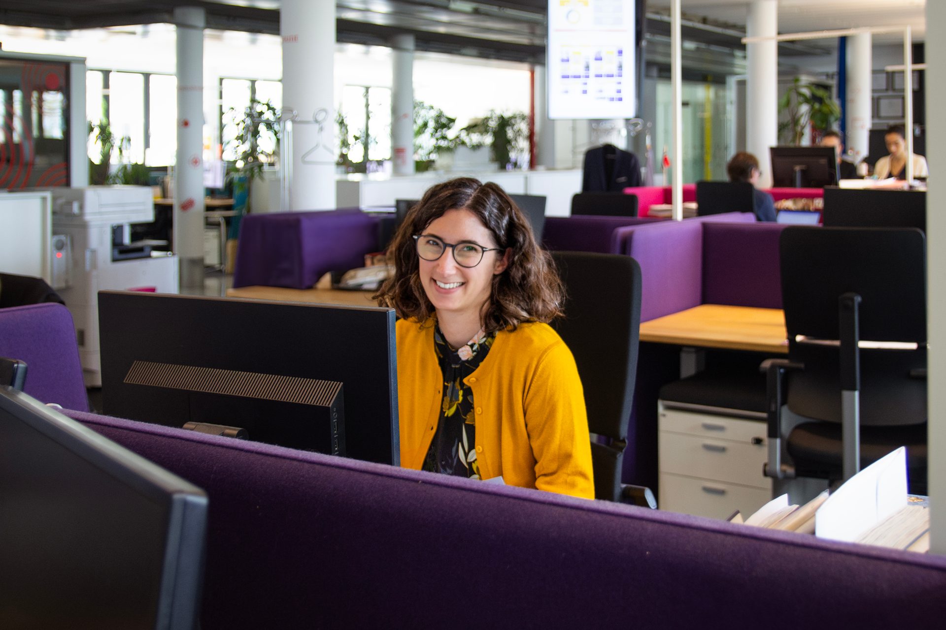 Interior design, Smile, Glasses, Table, Purple, Chair, Lighting, Desk