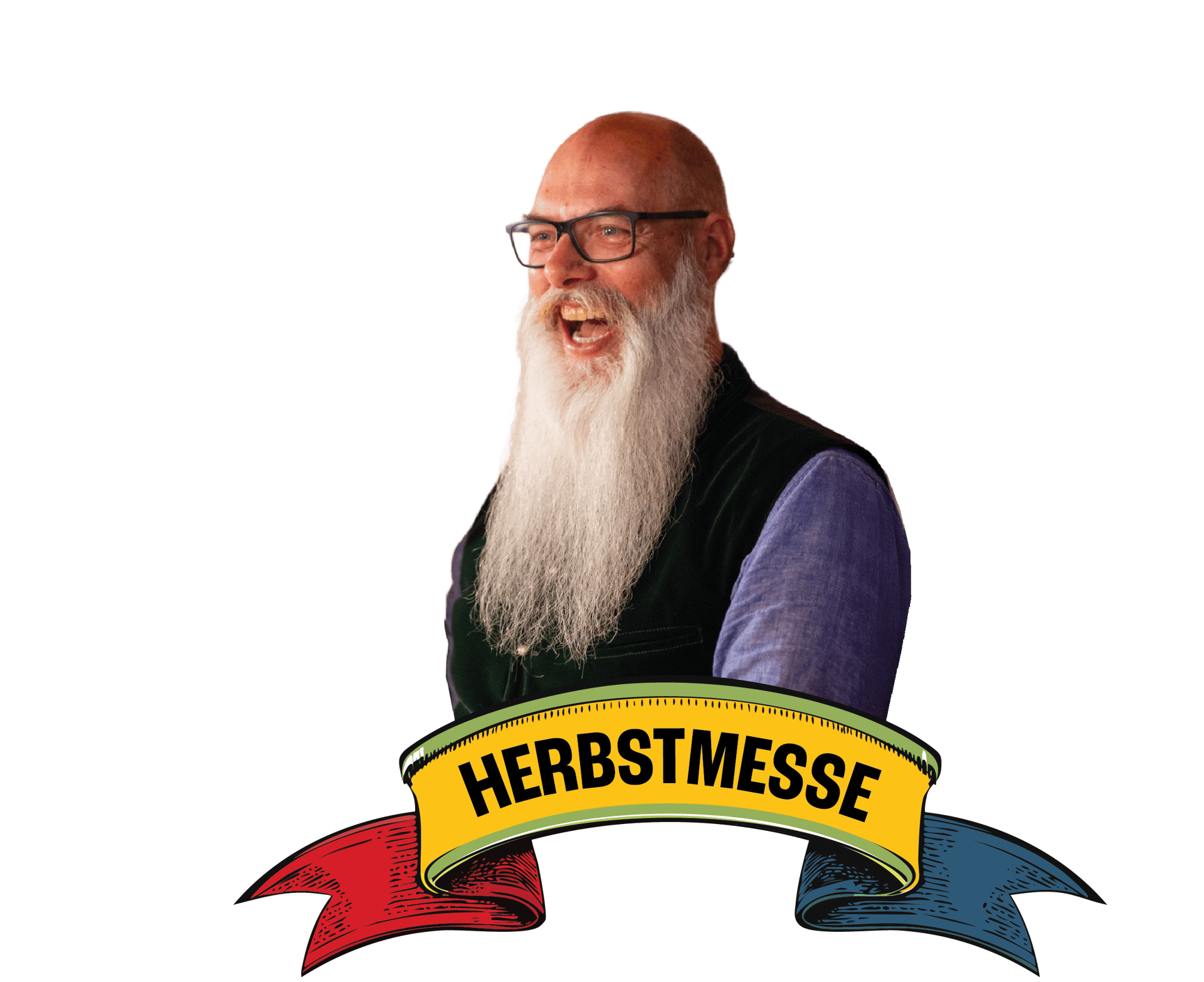 Bald man with long white beard and glasses laughing, above a "HERBSTMESSE" banner.