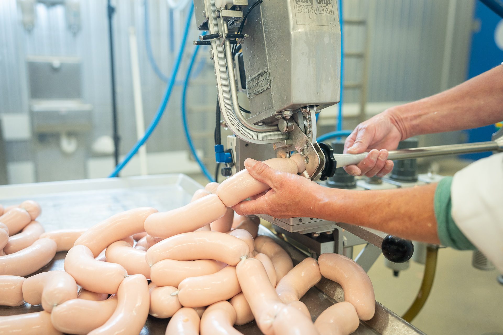 A person's hands operating a sausage-making machine with fresh sausages on a tray in a factory.