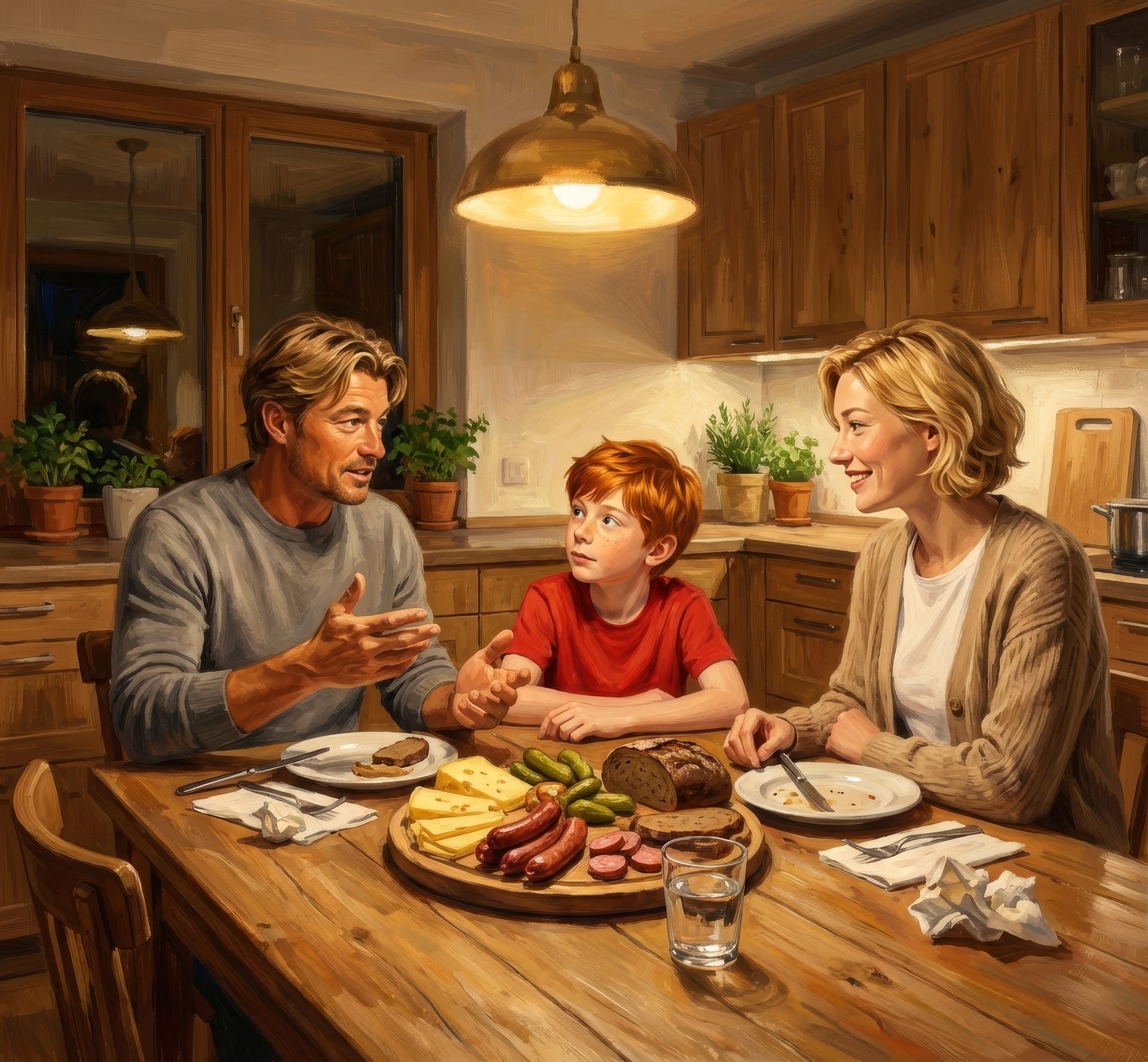 A family of three, father, mother, and son, having a meal together at a wooden kitchen table.