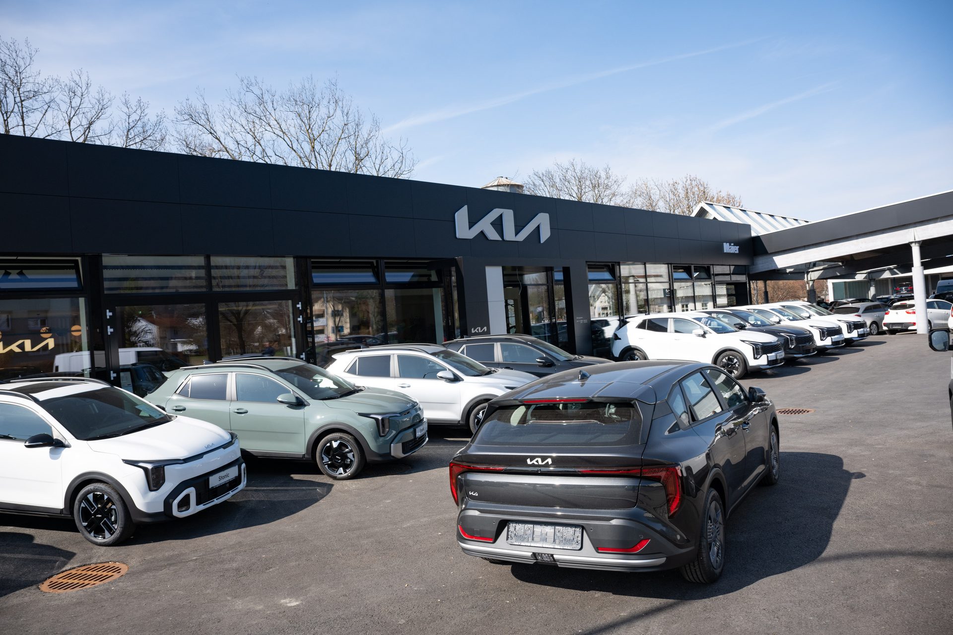 Kia dealership with its logo and many new cars parked outside on a sunny day.