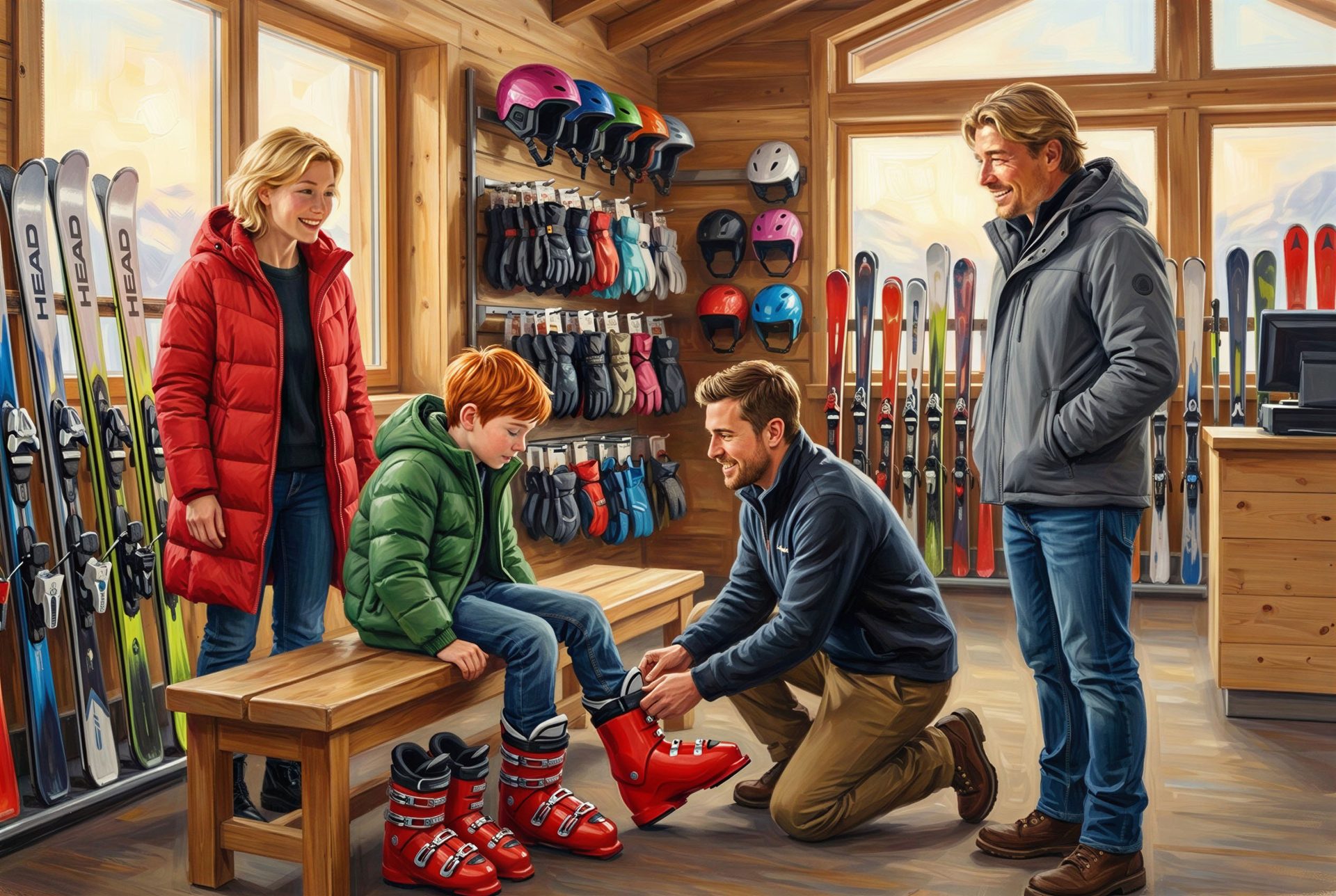A family in a ski shop, a man helps a boy try on ski boots, while a woman and another man watch.