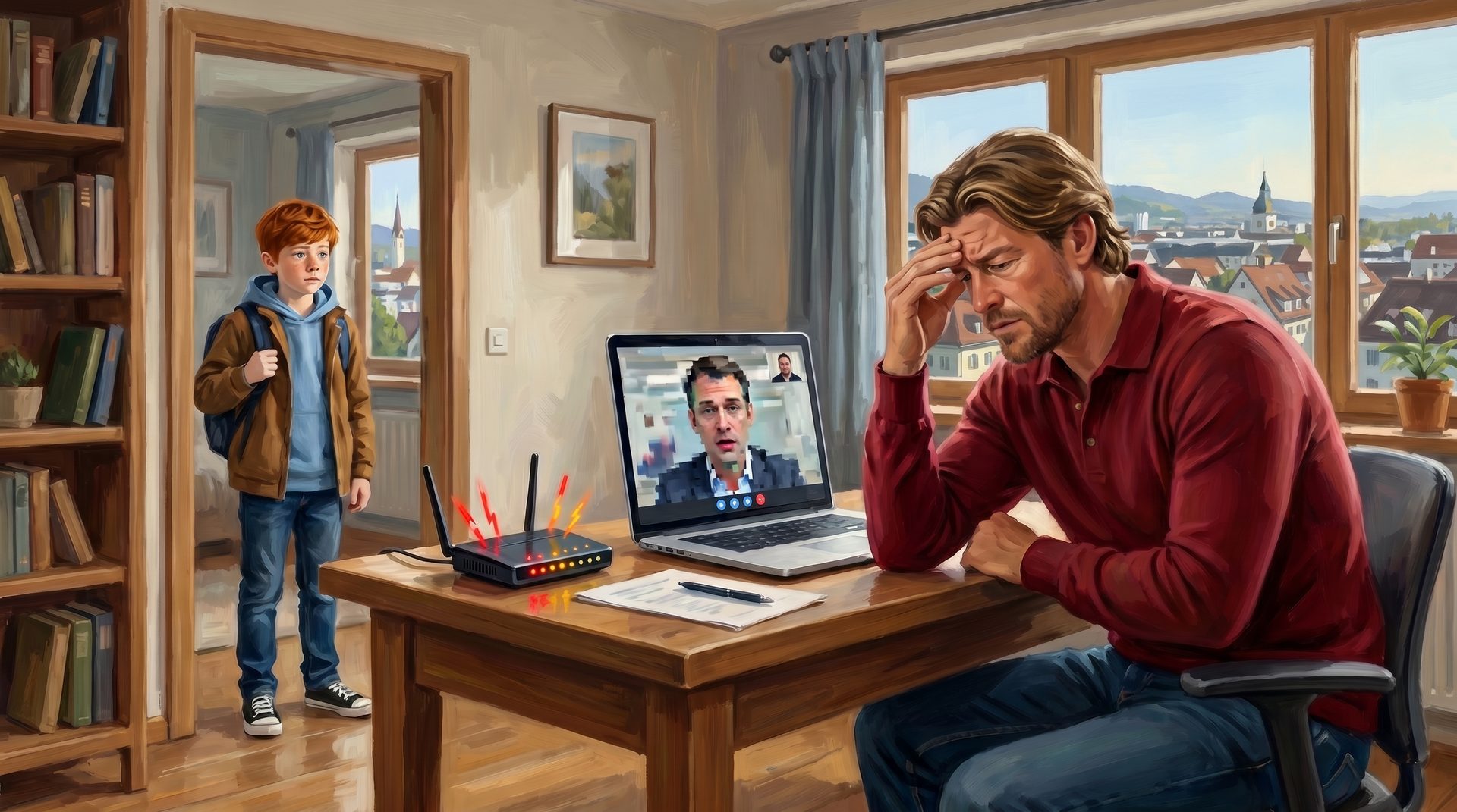 Father struggles with a pixelated video call and a blinking red router as his son looks on from the doorway.