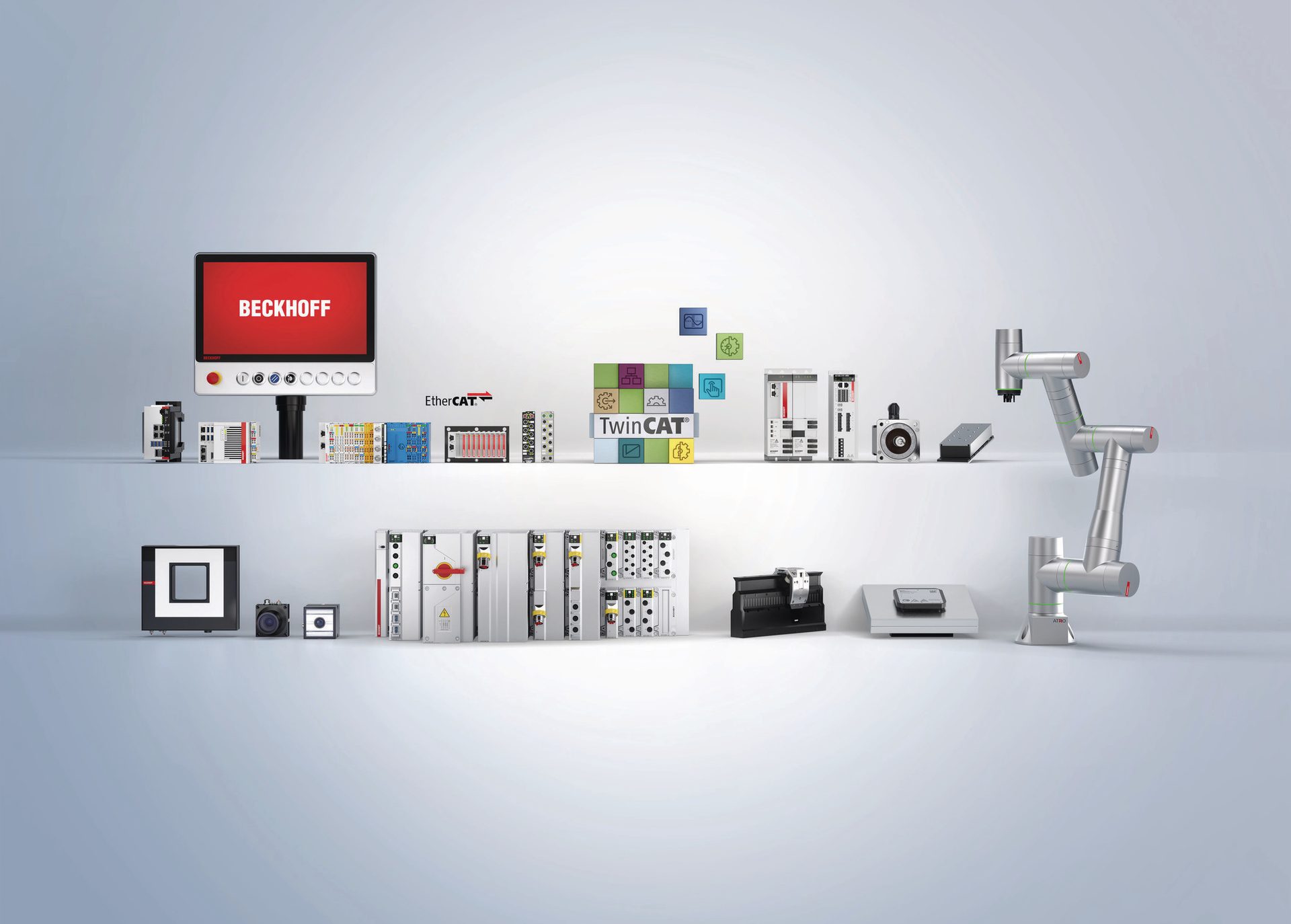 Beckhoff industrial automation products: monitors, control modules, EtherCAT, TwinCAT, vision systems, robotic arm.