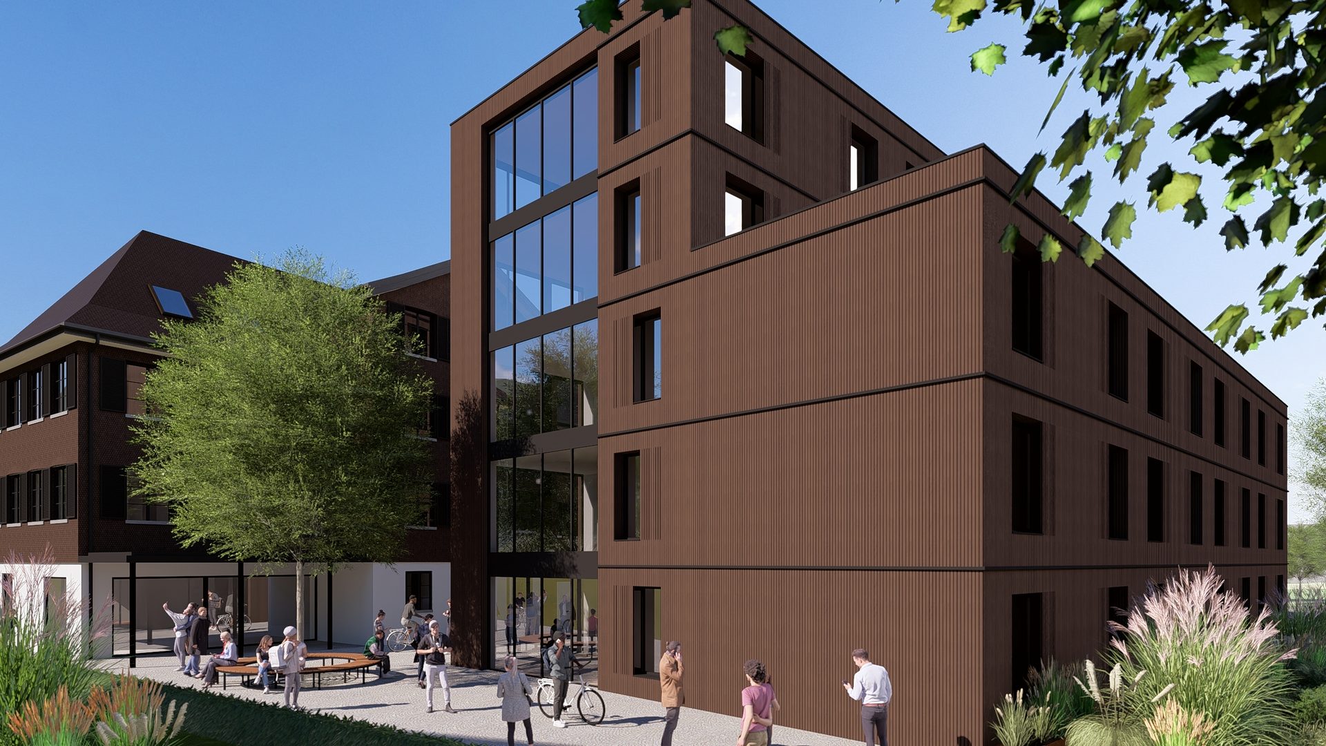 Modern architectural rendering of brown buildings with glass facades, an outdoor plaza, and people.