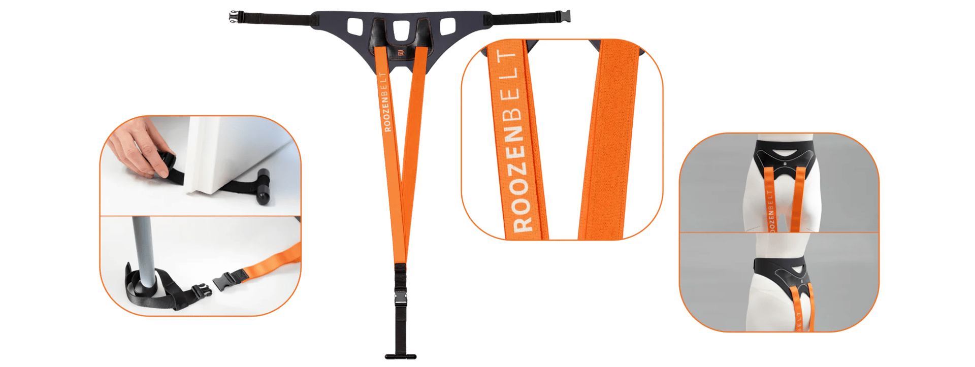 A black and orange "ROOZENBELT" displayed with close-ups of its features and how it's worn.