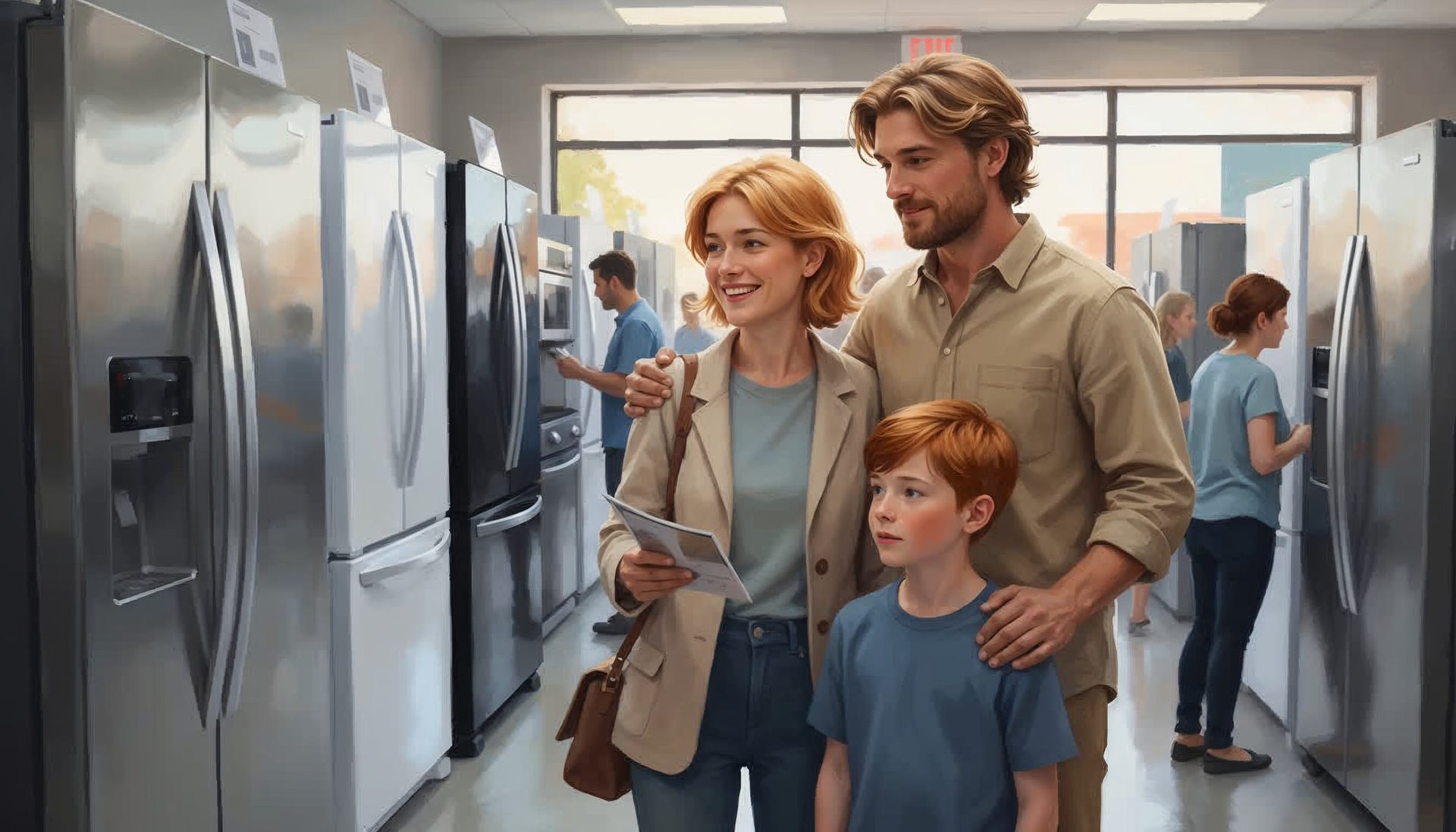 Happy family with a child in an appliance store browsing refrigerators.