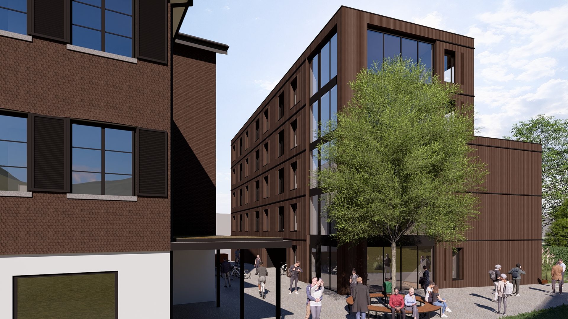 Architectural rendering of two modern brown buildings, one shingled, with people in a plaza.