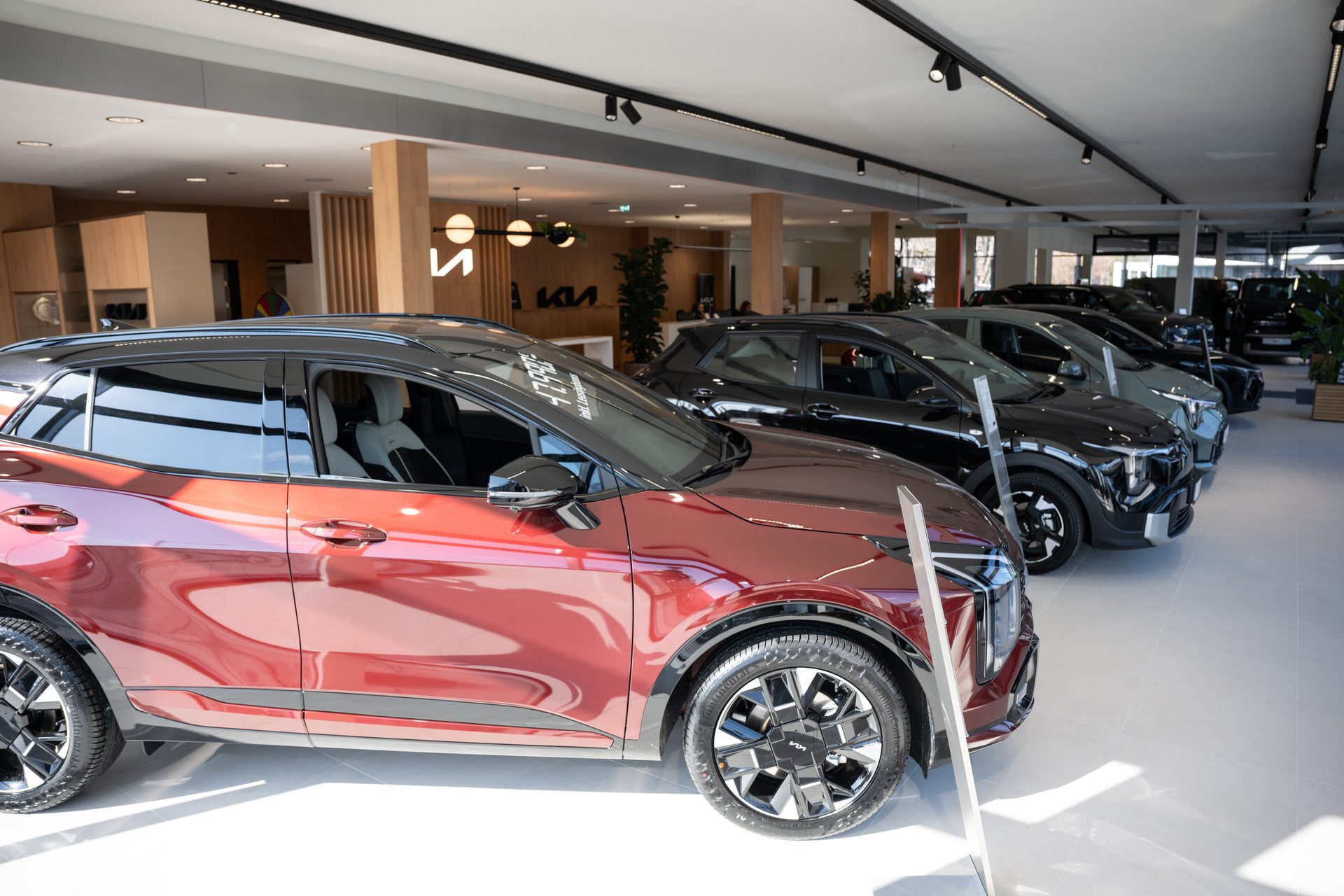 New Kia cars displayed in a modern showroom, highlighting their sleek designs and vibrant colors.