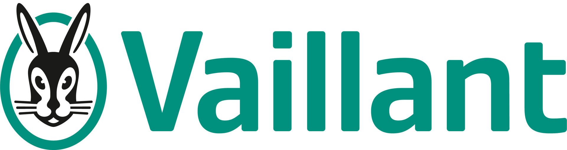 Vaillant logo: black rabbit head in a green circle, next to teal 'Vaillant' text.