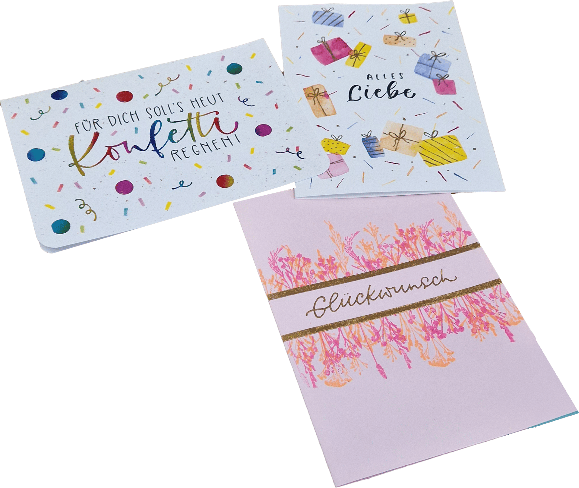 Three diverse German greeting cards featuring confetti, gifts, and floral patterns on a green background.