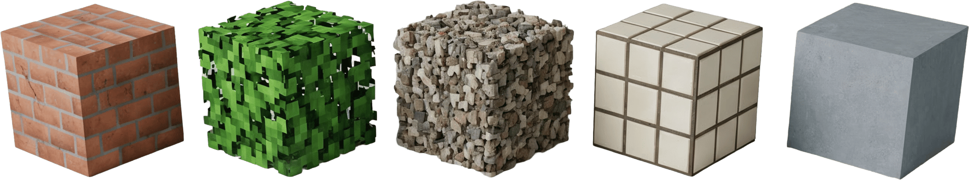 Five 3D textured cubes arranged in a row, featuring brick, leaves, gravel, tiled, and concrete patterns.