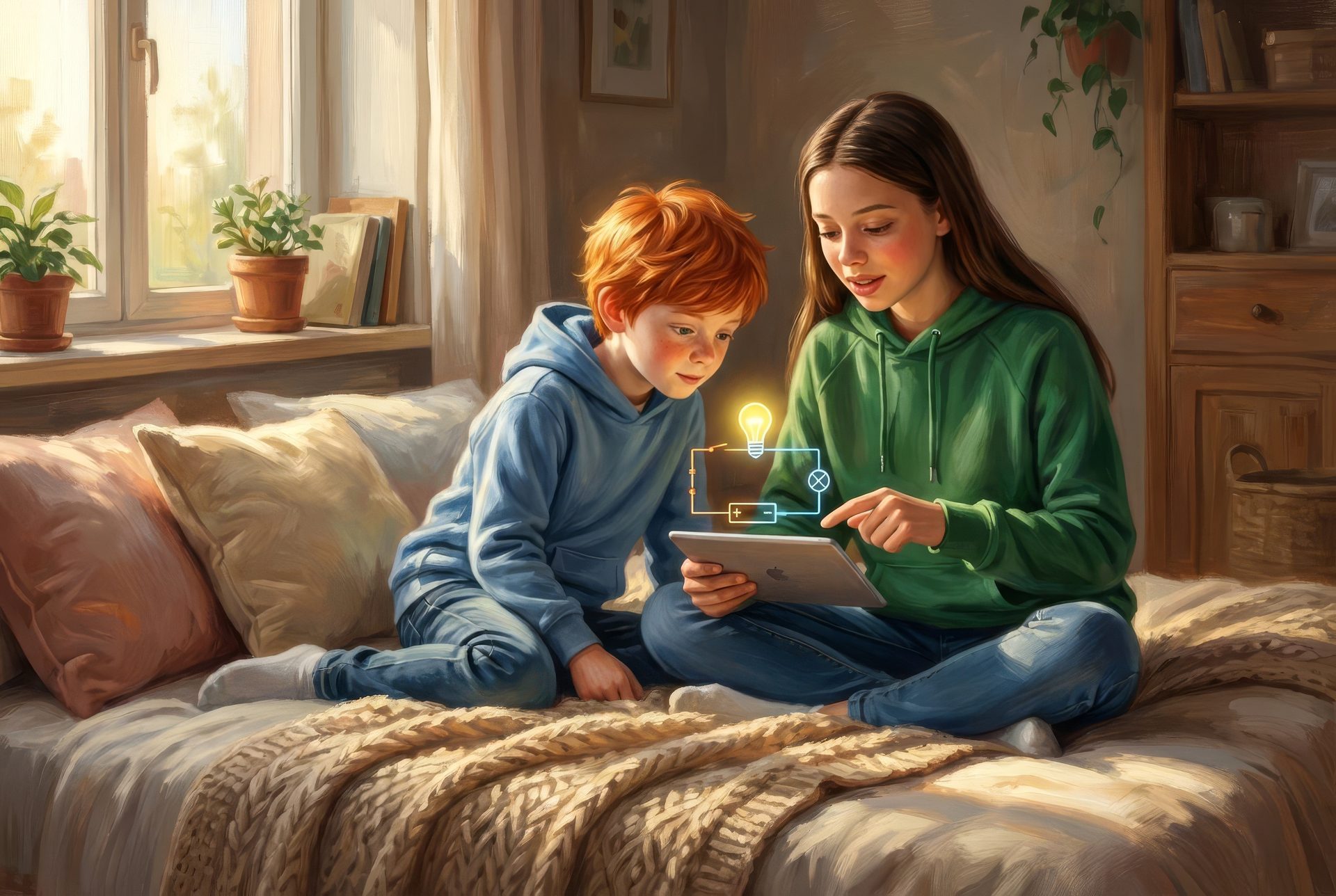 Two children on a bed, one pointing at a tablet displaying a glowing light bulb circuit.