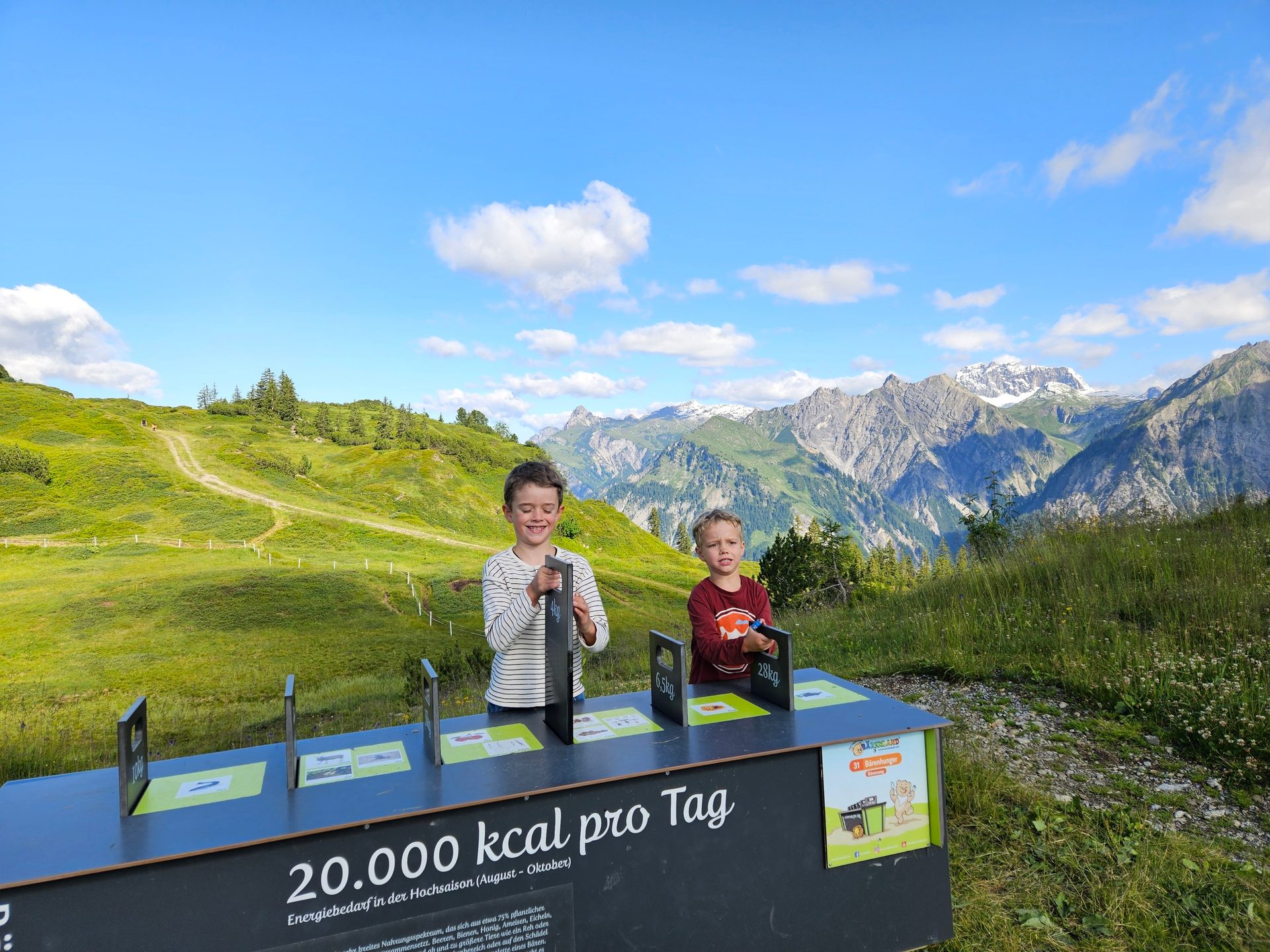 Two boys at an outdoor exhibit about bear energy in a sunny mountain landscape.