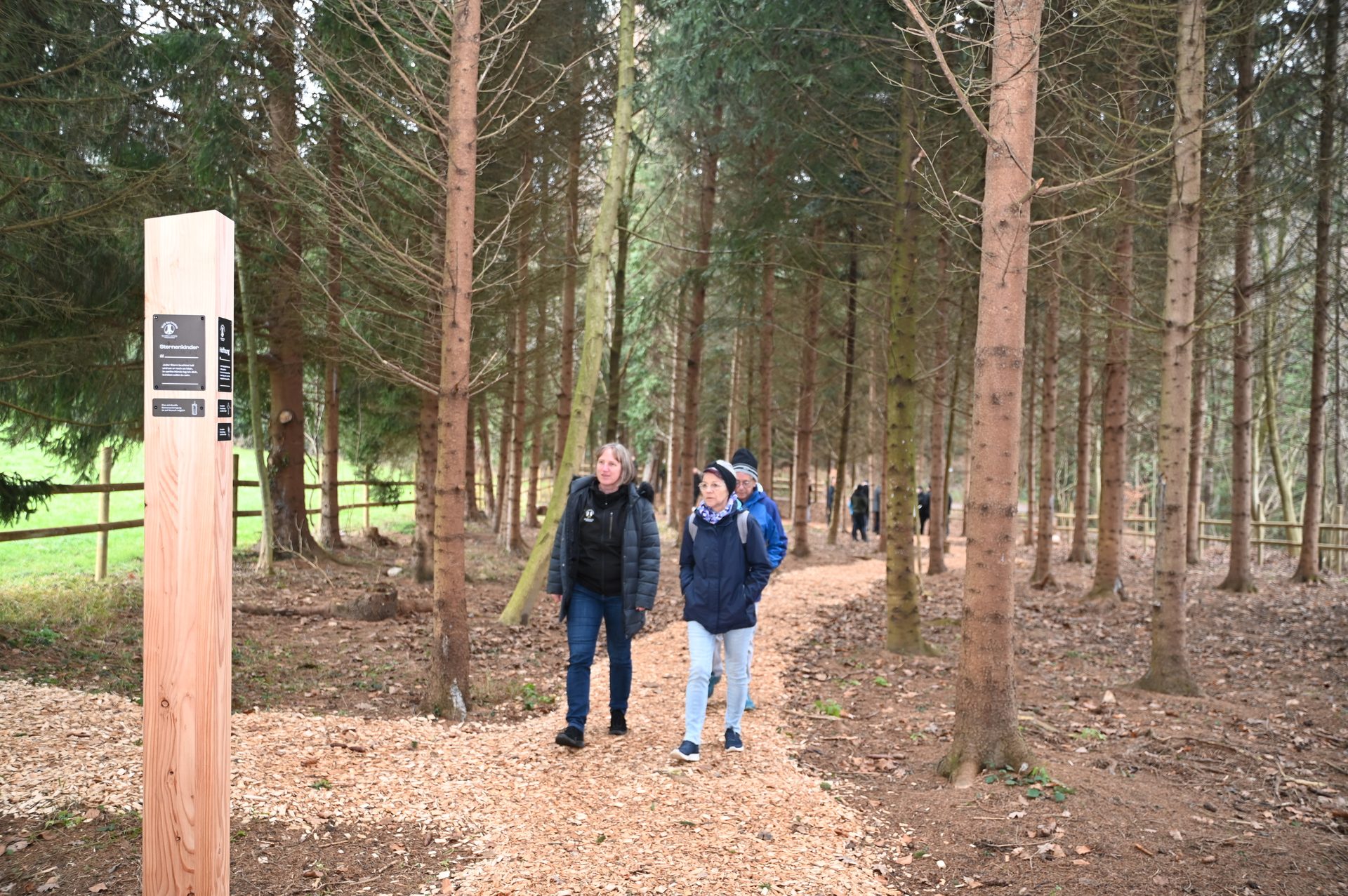 People walk on a wood chip path through a forest, by a wooden sign.
