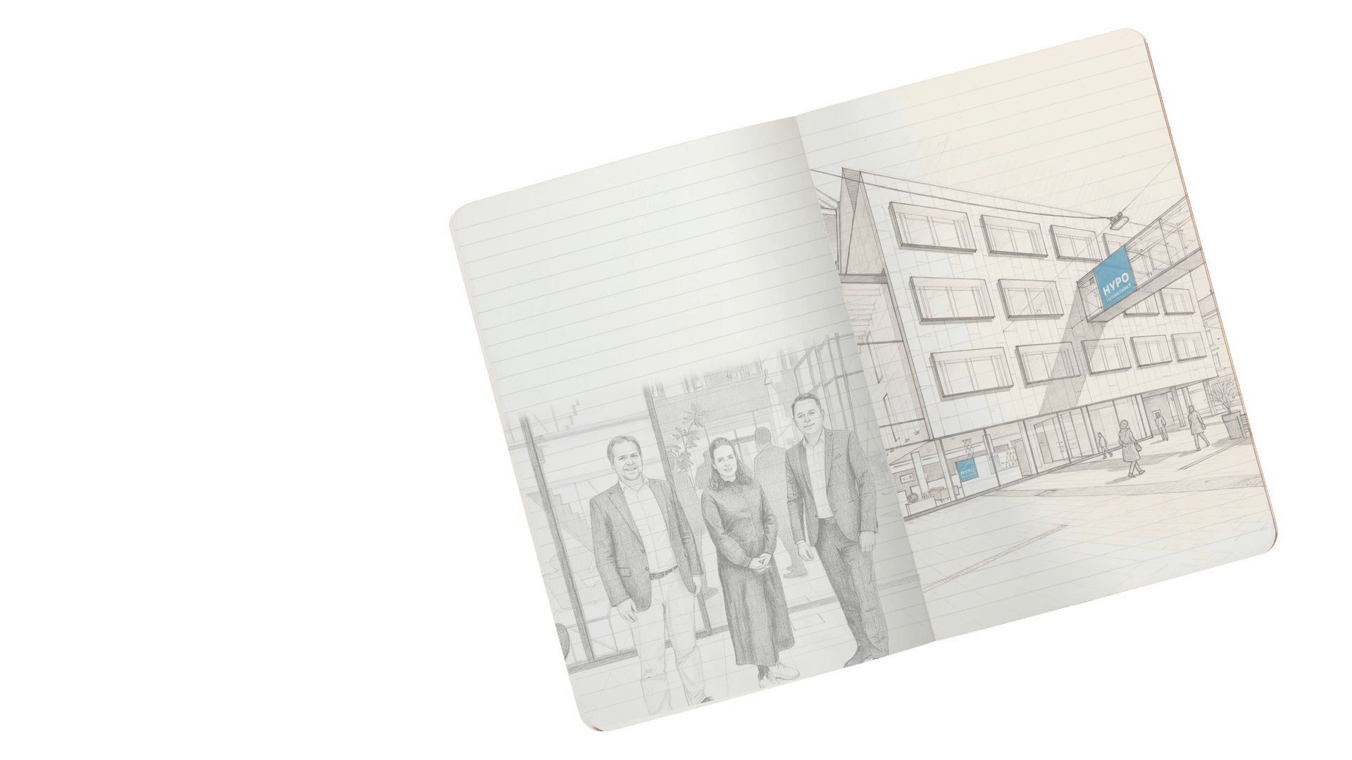 A sketch of two men and a woman in front of a modern building with a "HYPO" sign, drawn in an open notebook.