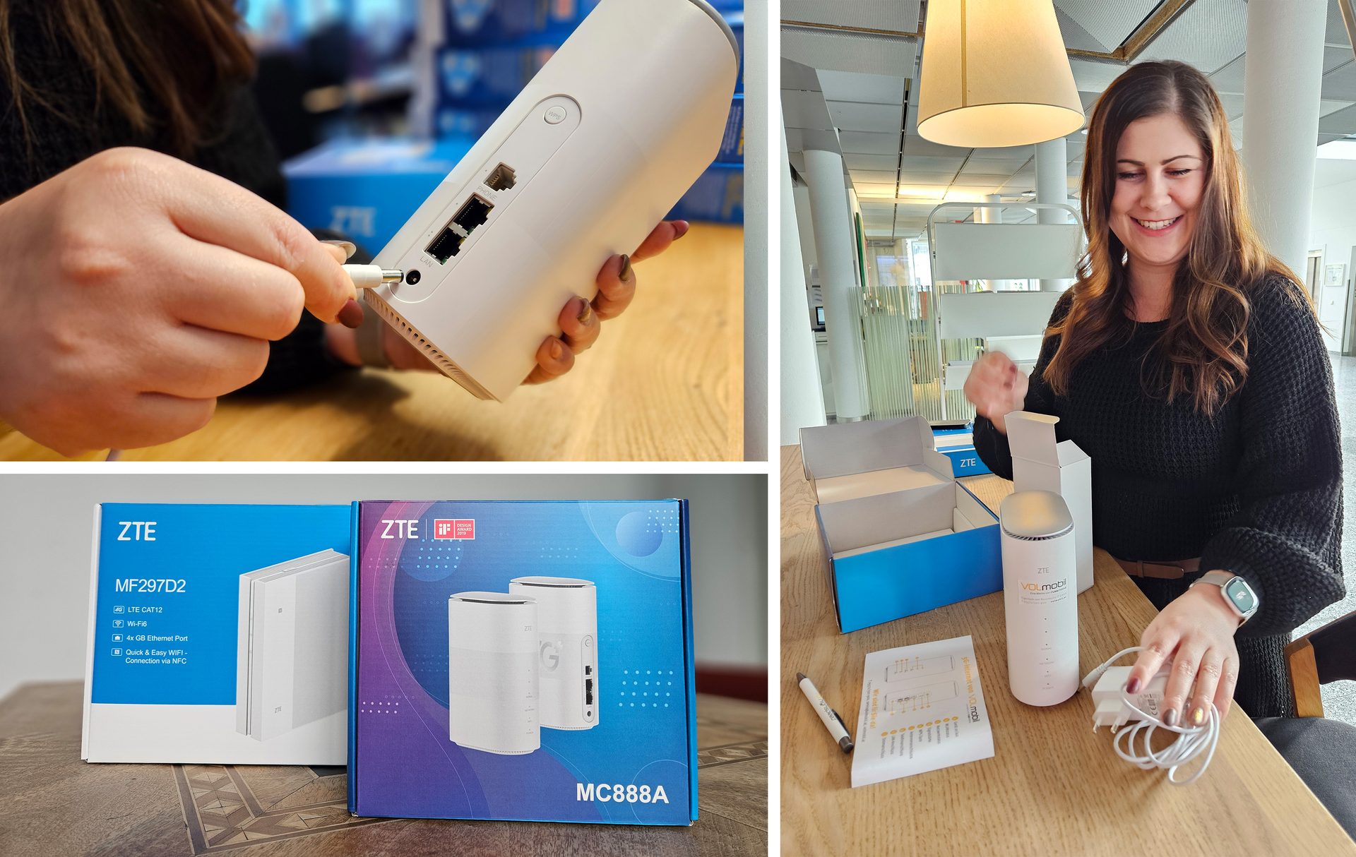 A woman unboxes and sets up ZTE routers/modems; their product boxes are also shown.