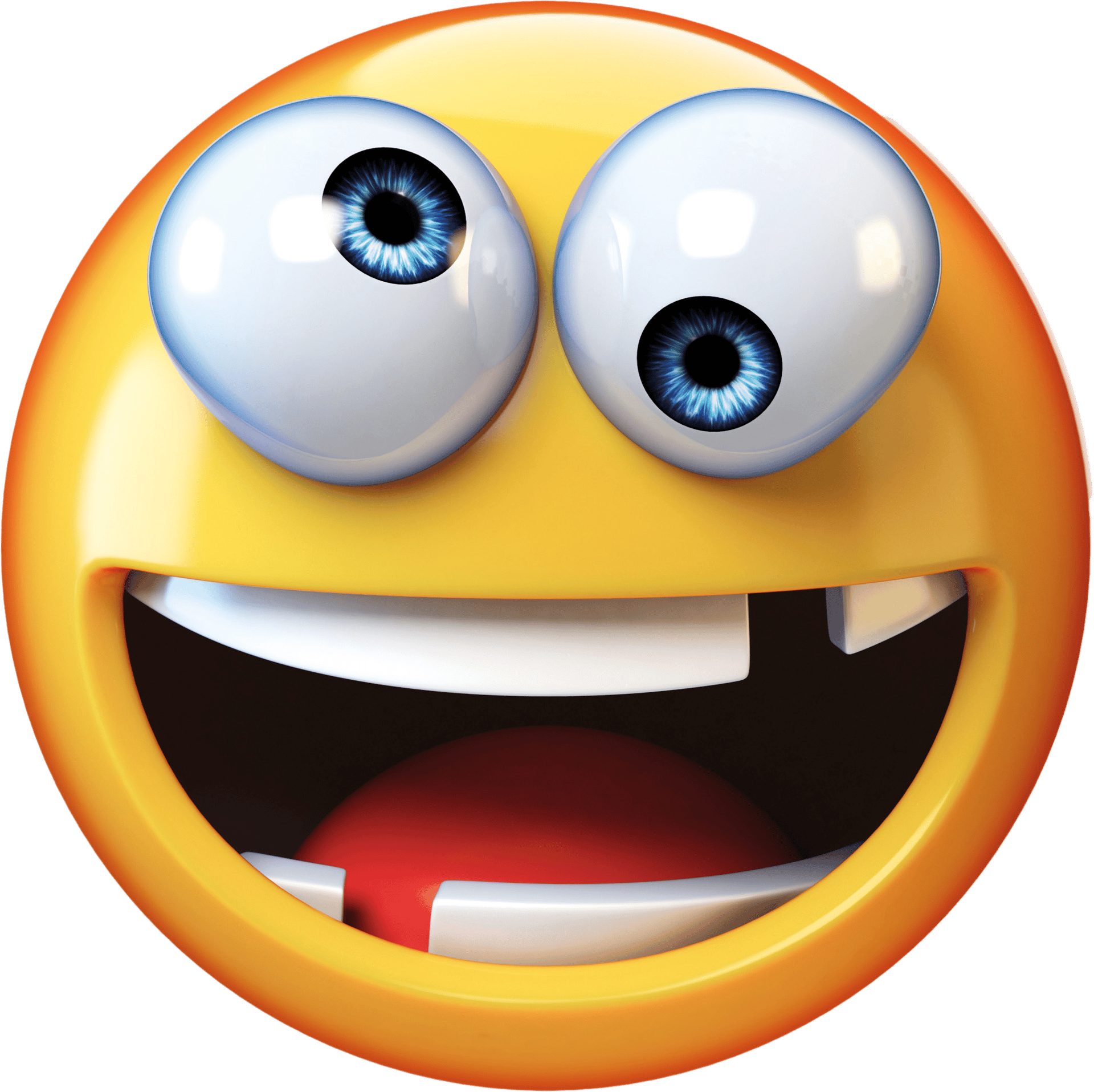 A yellow emoji with large, blue googly eyes, an open mouth, and a missing front tooth.