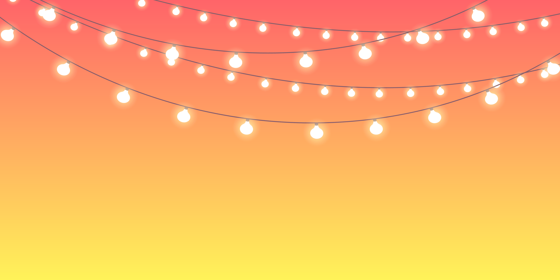 Glowing string lights against a vibrant red, orange, and yellow gradient background.