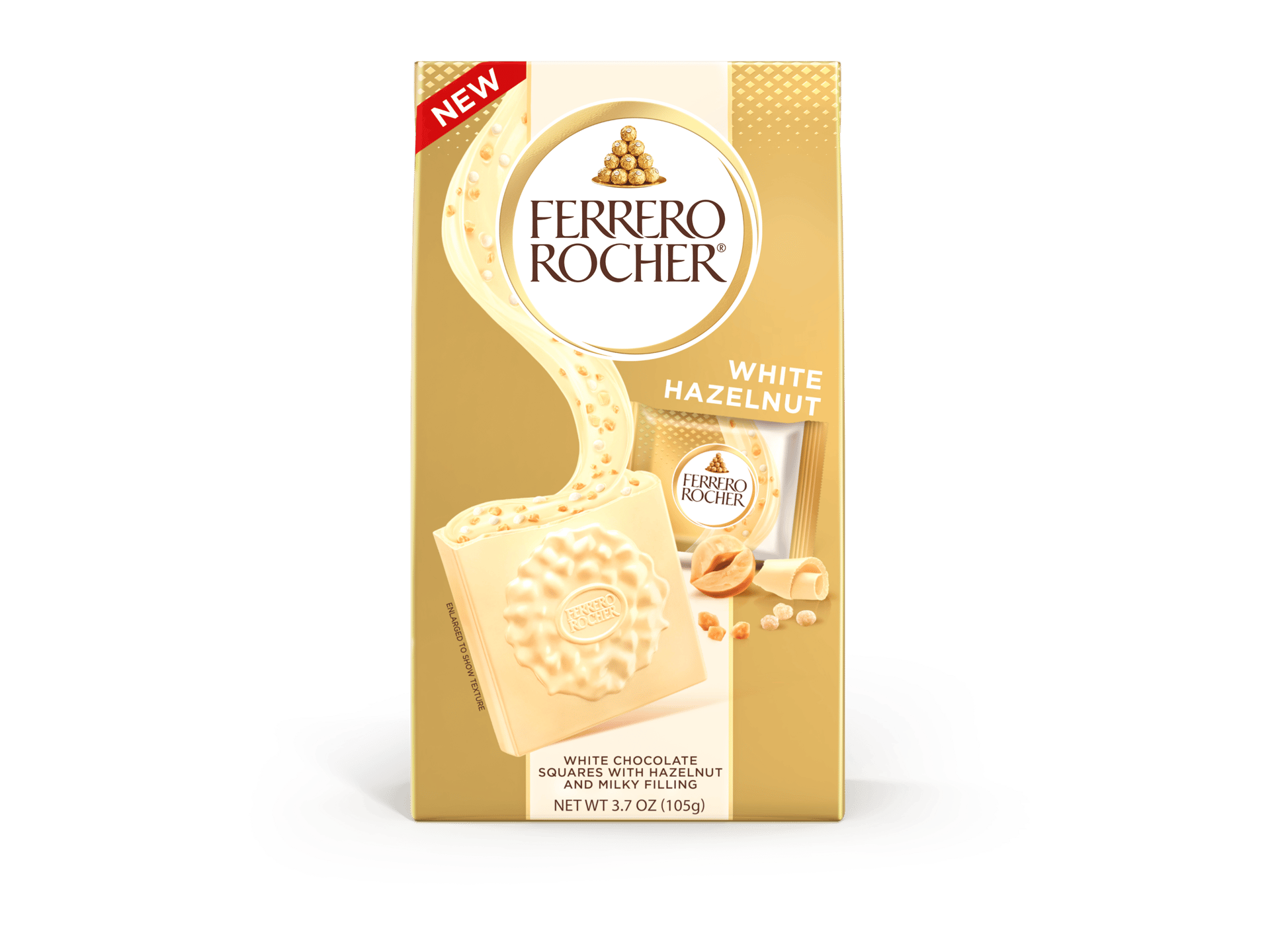 "NEW" Ferrero Rocher White Hazelnut chocolate bar packaging, showing the bar and filling.