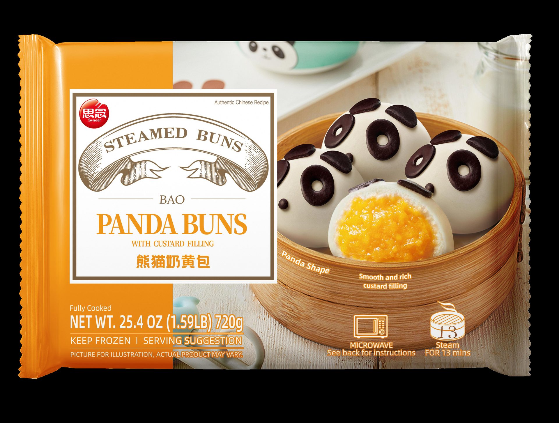 Synear Panda Buns package with custard filling, showing buns in a steamer basket.