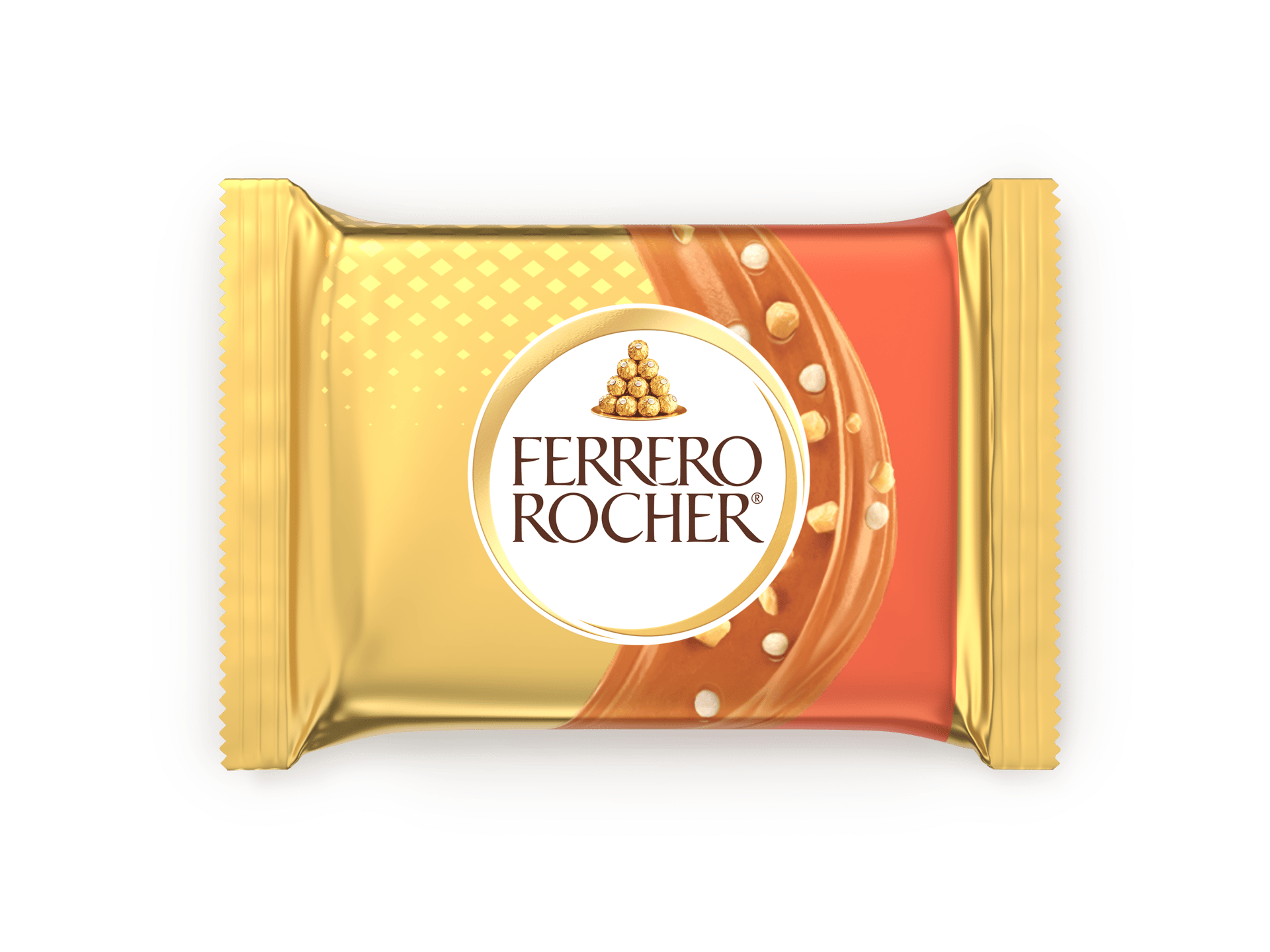 Ferrero Rocher chocolate bar wrapper with gold and orange design, logo, and nuts.
