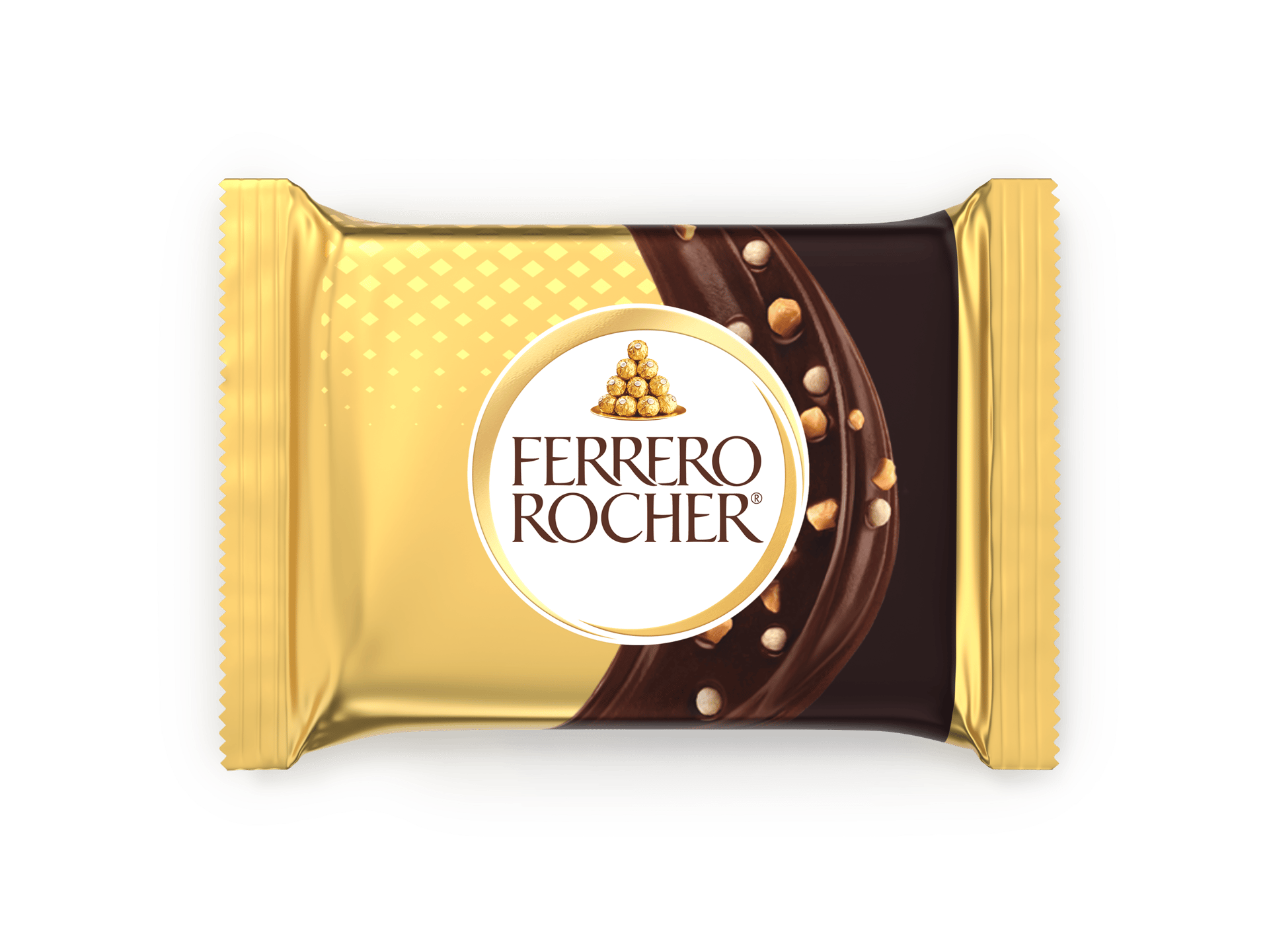Gold Ferrero Rocher chocolate bar, with visible chocolate, nuts, and logo.